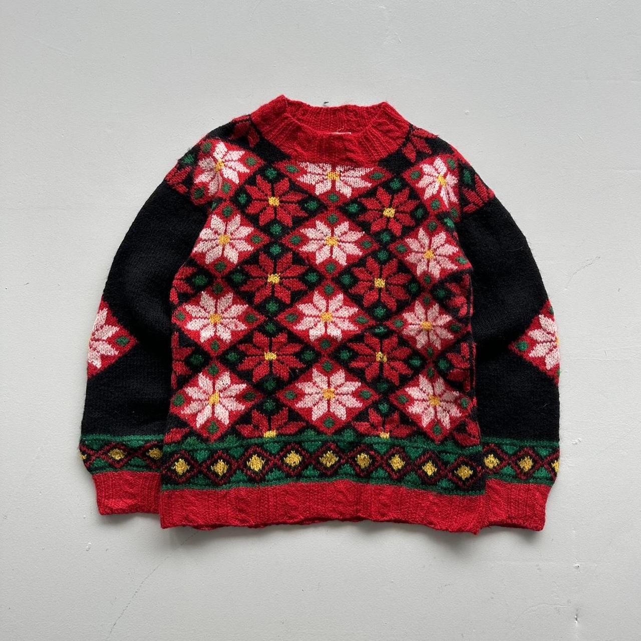 Red Floral Patterned 70s Vintage Woollen Knit Jumper - Medium