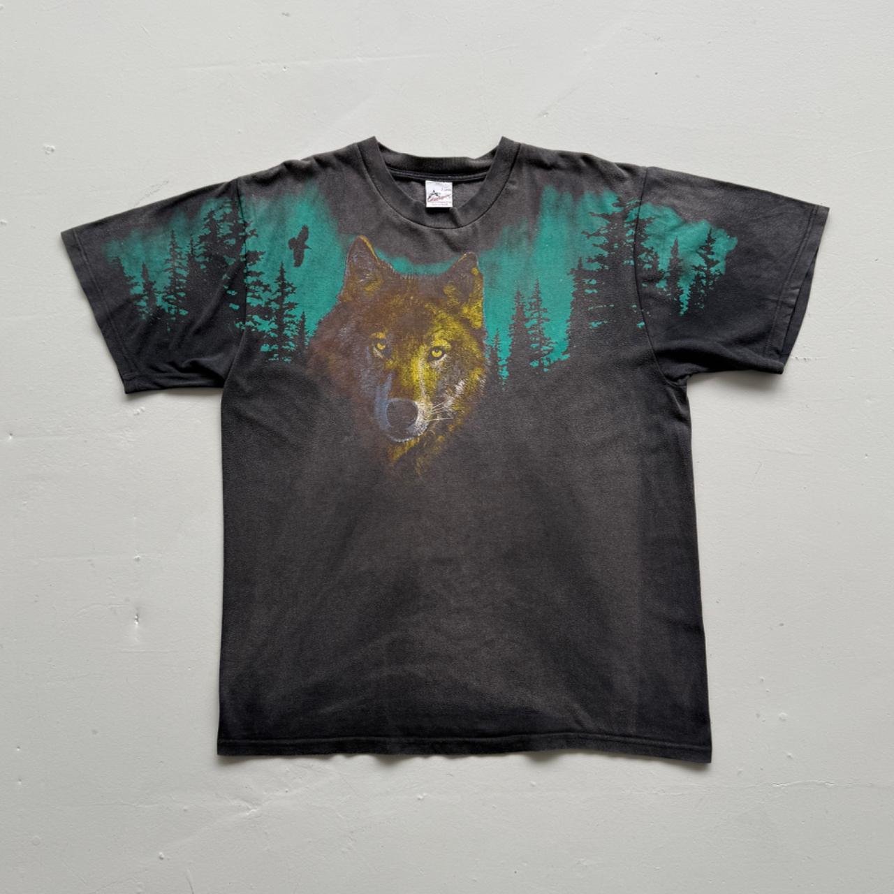 Faded Black Wolf 90s Vintage Graphic T-Shirt - Large