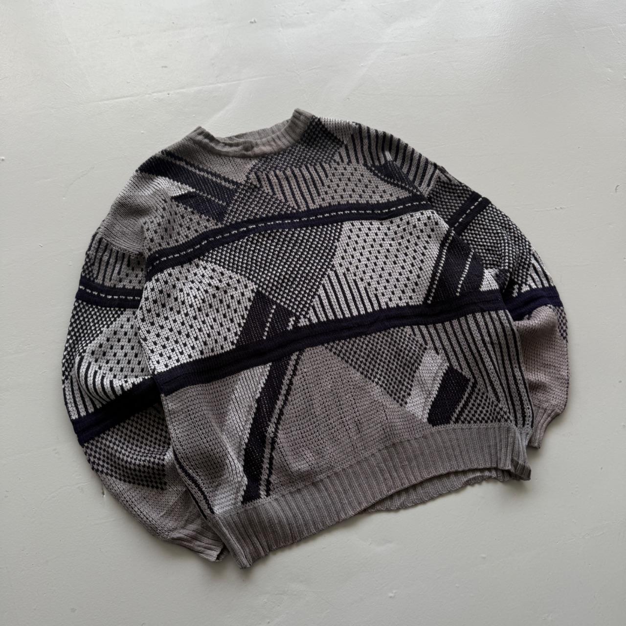 Grey Black Patterned 90's Vintage Woollen Knit Jumper - XL