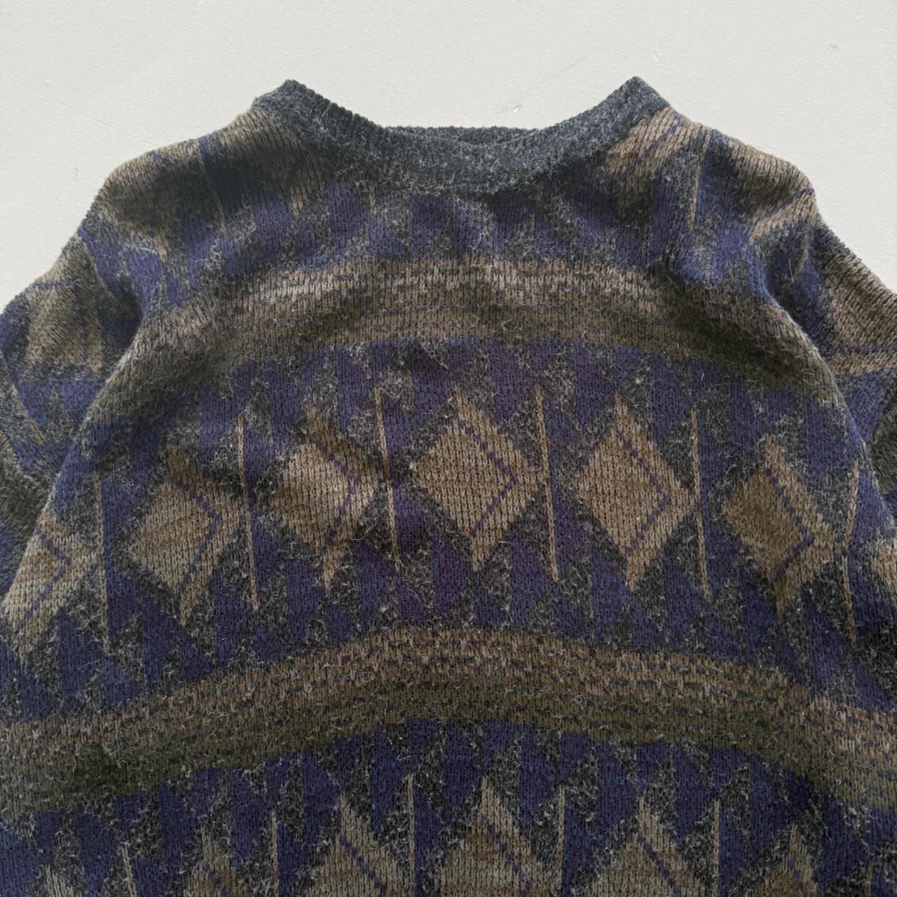 Navy Blue Patterned 90's Vintage Woollen Knit Jumper - XL