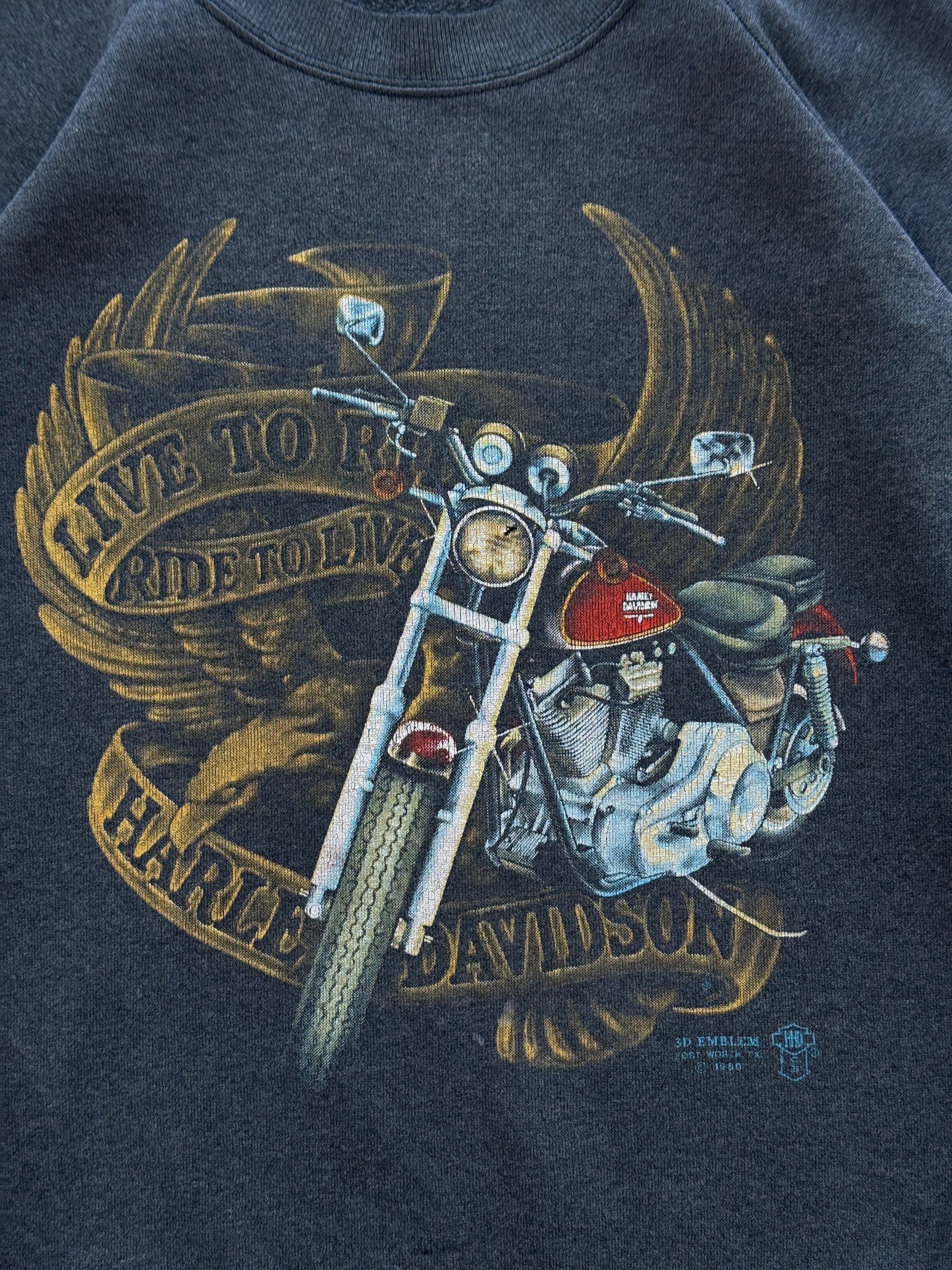 Black Harley Davidson 80's Vintage 3D Emblem Graphic Biker Sweatshirt - Small