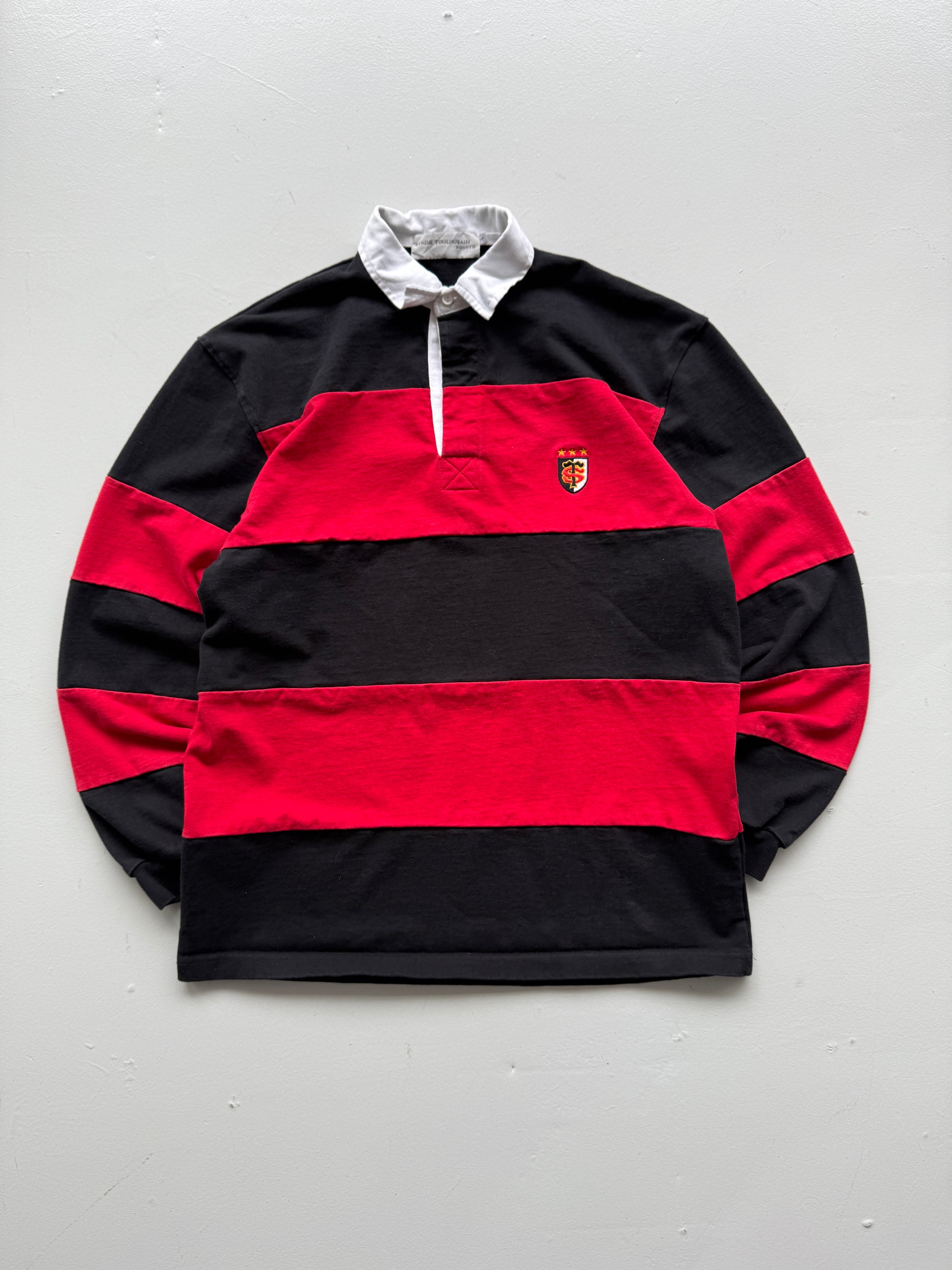 Red Striped Stade Toulousain 90's Vintage Long Sleeve Rugby Jersey Polo - Medium