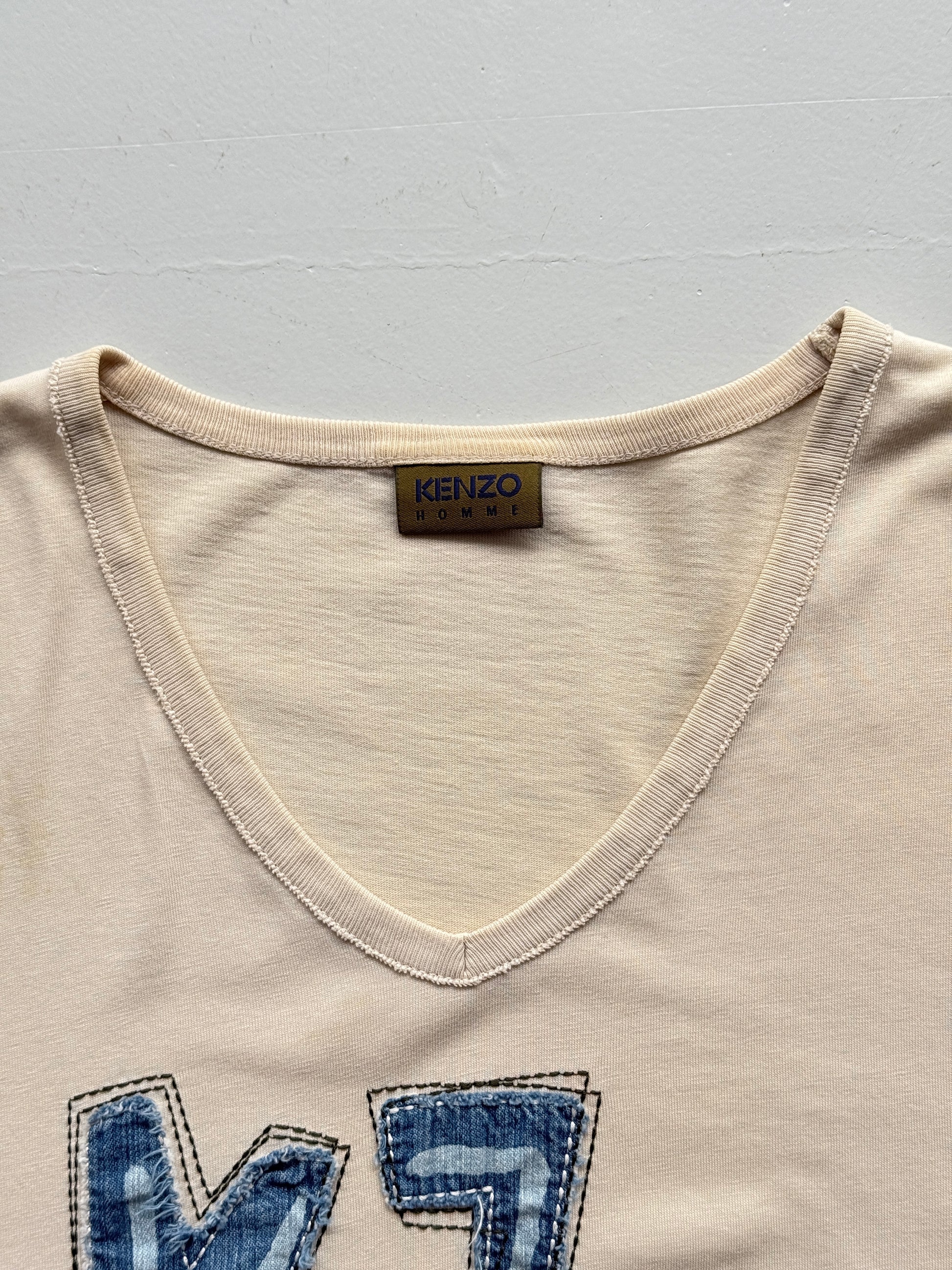 Beige Kenzo Y2K Denim Embroidered V-Neck T-Shirt 00's Vintage