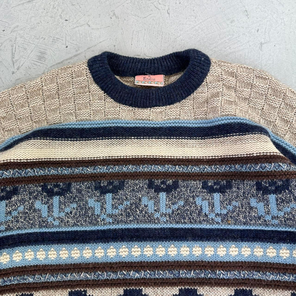 Cream / Navy 90's Woollen Knitted Sweatshirt - Small