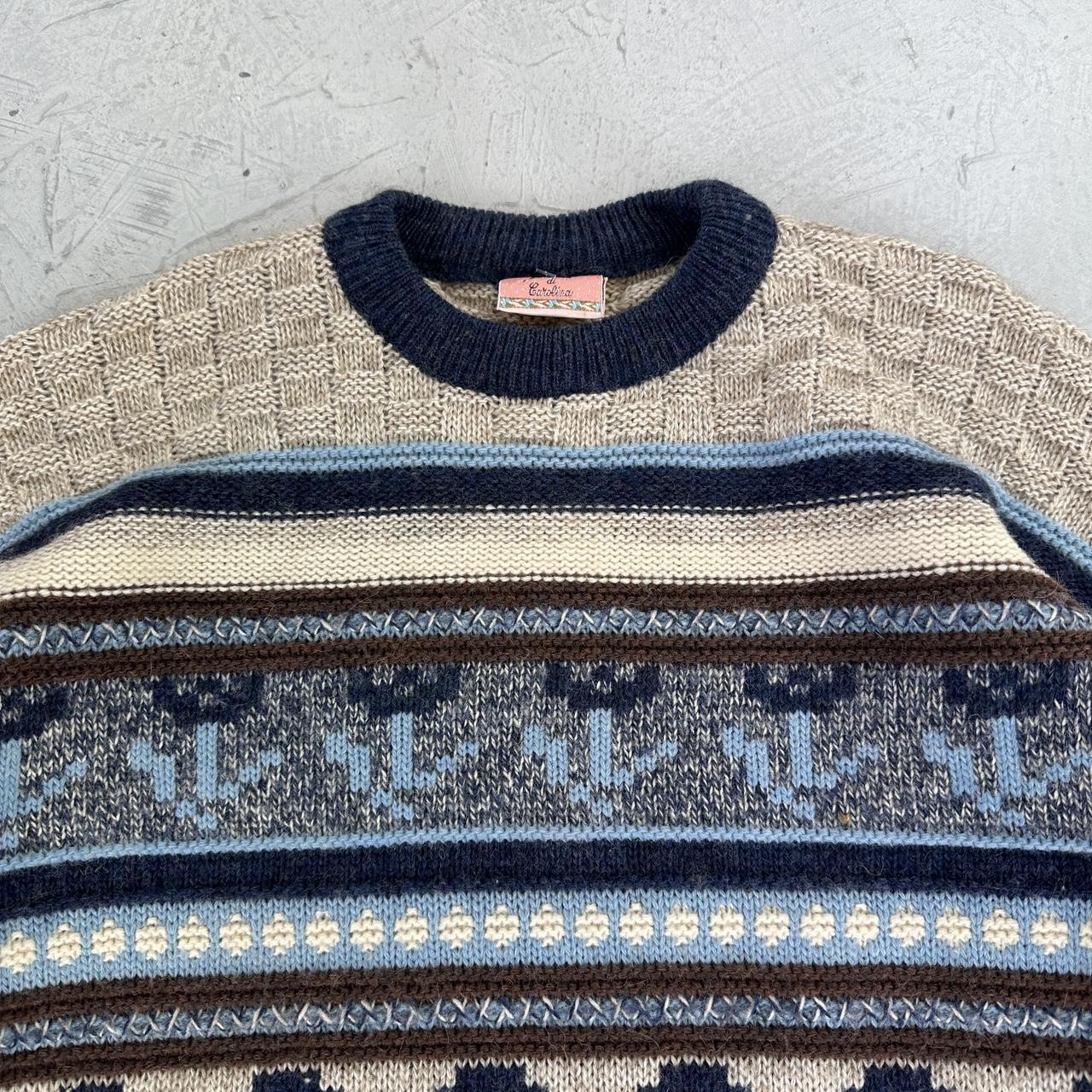 Cream / Navy 90's Woollen Knitted Sweatshirt - Small
