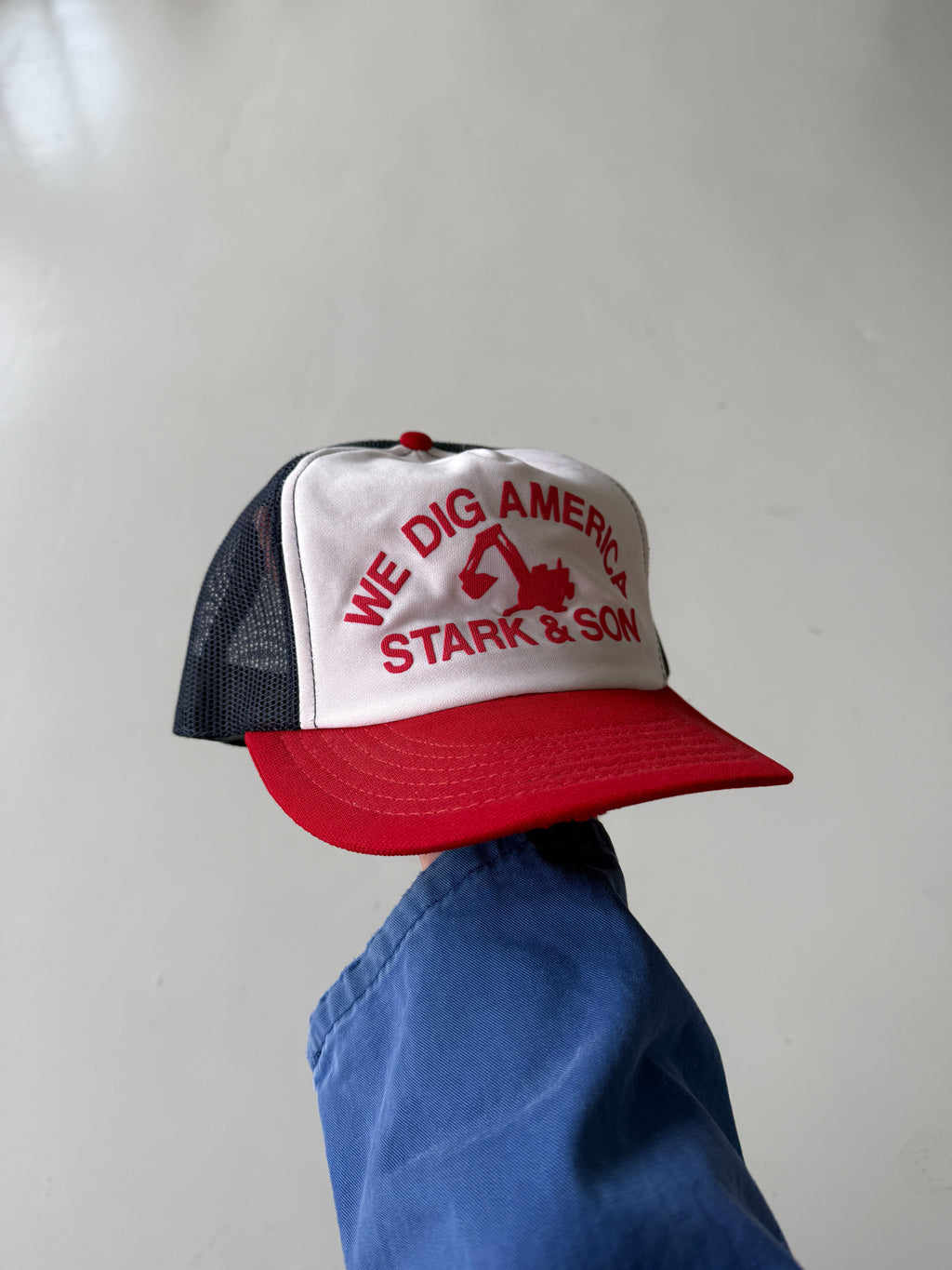 White and Red Construction Vintage Workwear Foam and Mesh SnapBack Trucker Cap