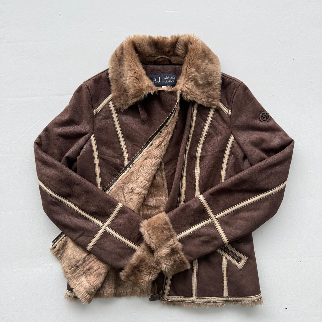 Brown Armani Jeans Vintage Y2K Faux Fur Jacket - Womens Medium Size 10