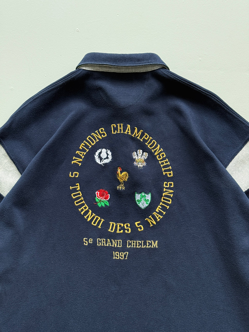 Navy Blue Five Nations 90's Vintage Long Sleeve Rugby Polo Jersey - XL