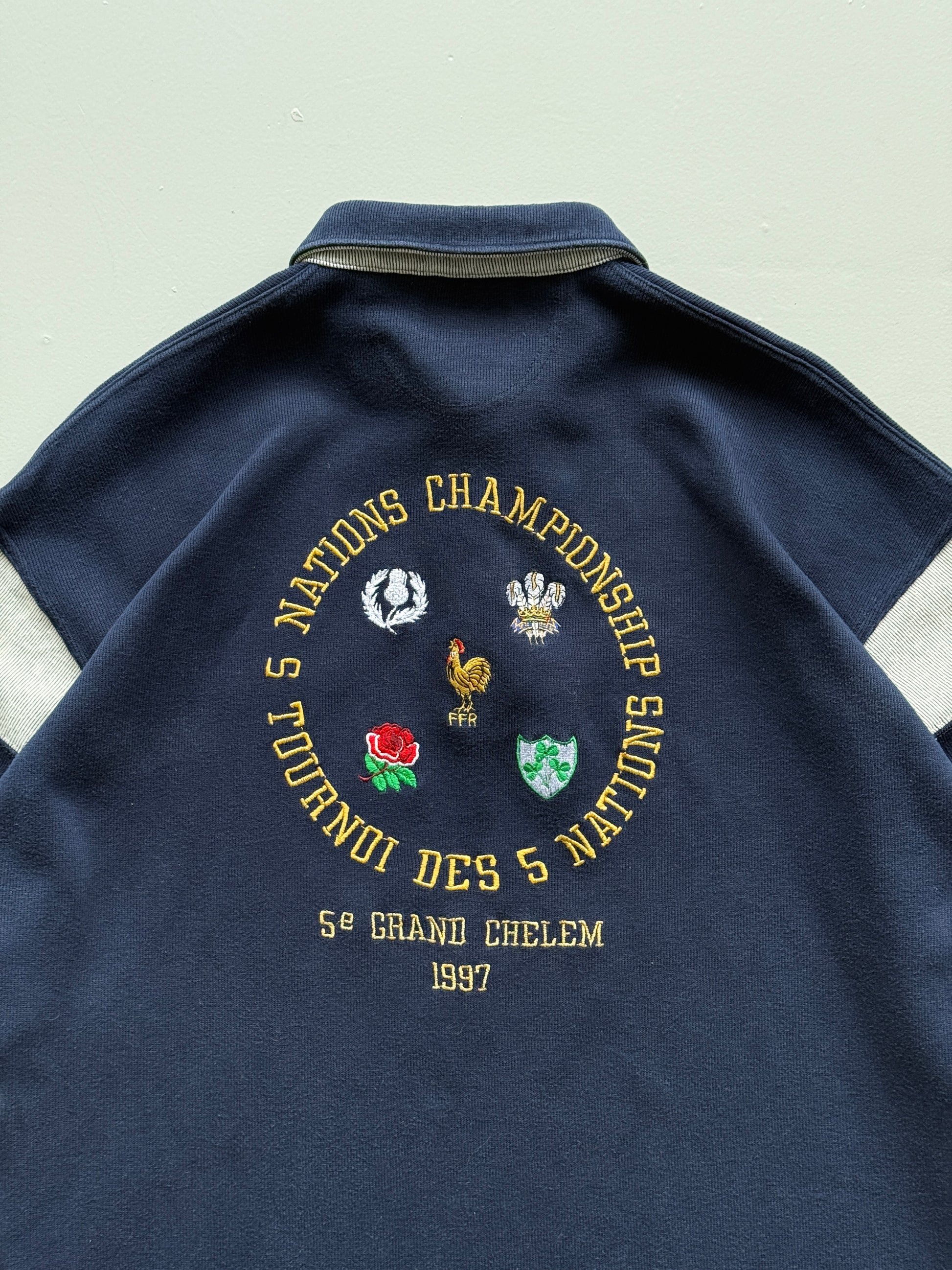 Navy Blue Five Nations 90's Vintage Long Sleeve Rugby Polo Jersey - XL