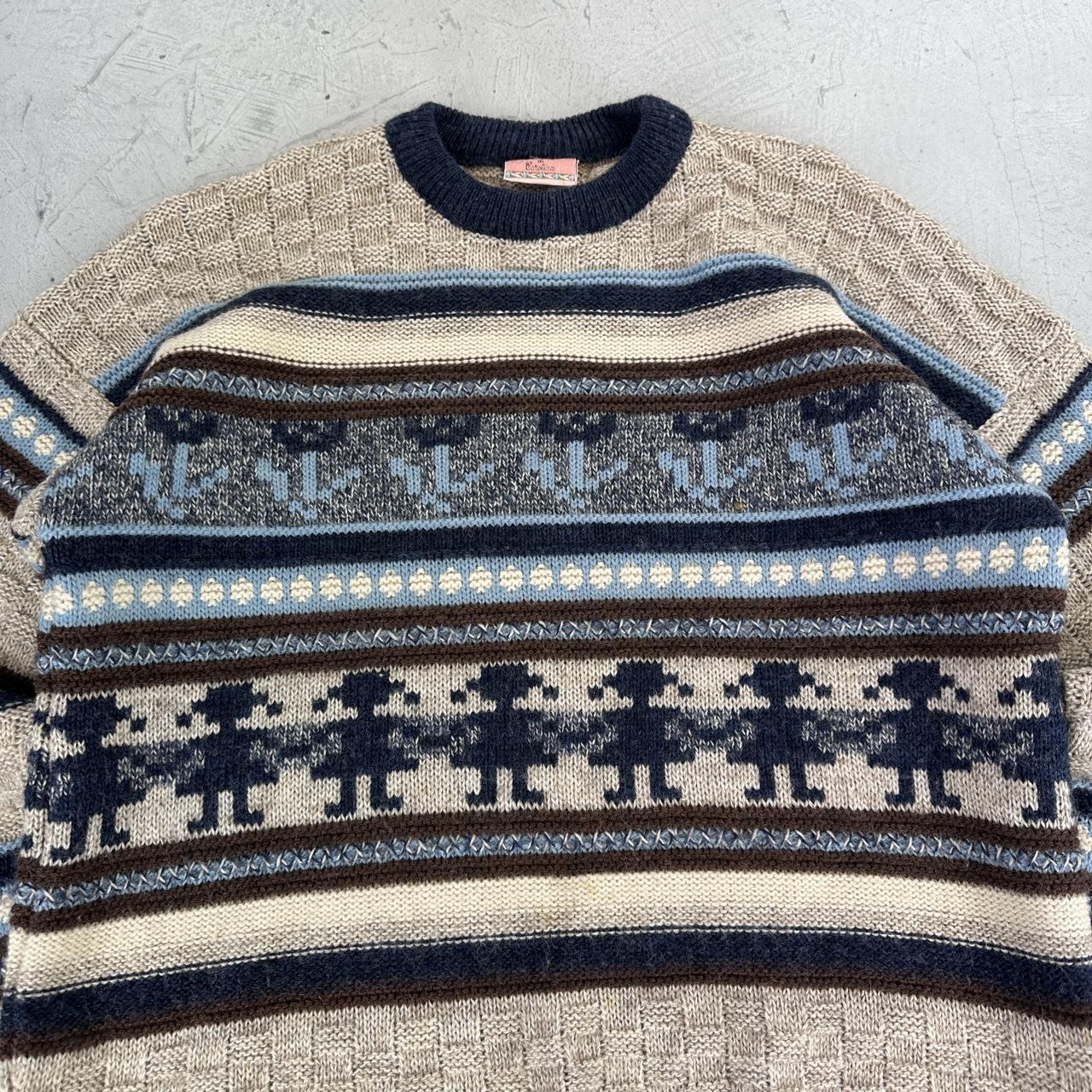 Cream / Navy 90's Woollen Knitted Sweatshirt - Small