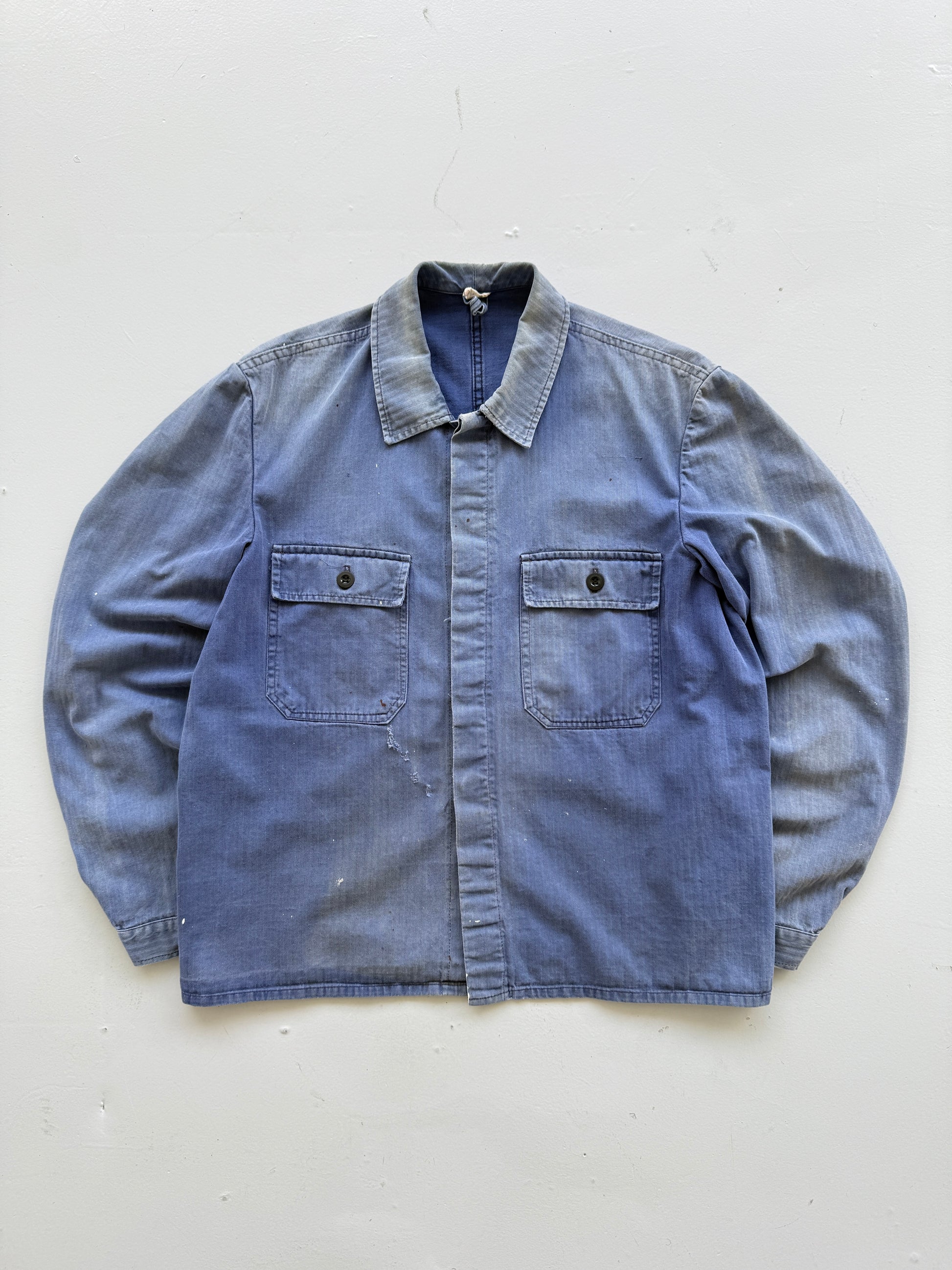 Thrashed Blue Herringbone French Vintage Workwear Chore Jacket CH368 - Small