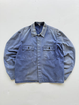 Thrashed Blue Herringbone French Vintage Workwear Chore Jacket CH368 - Small