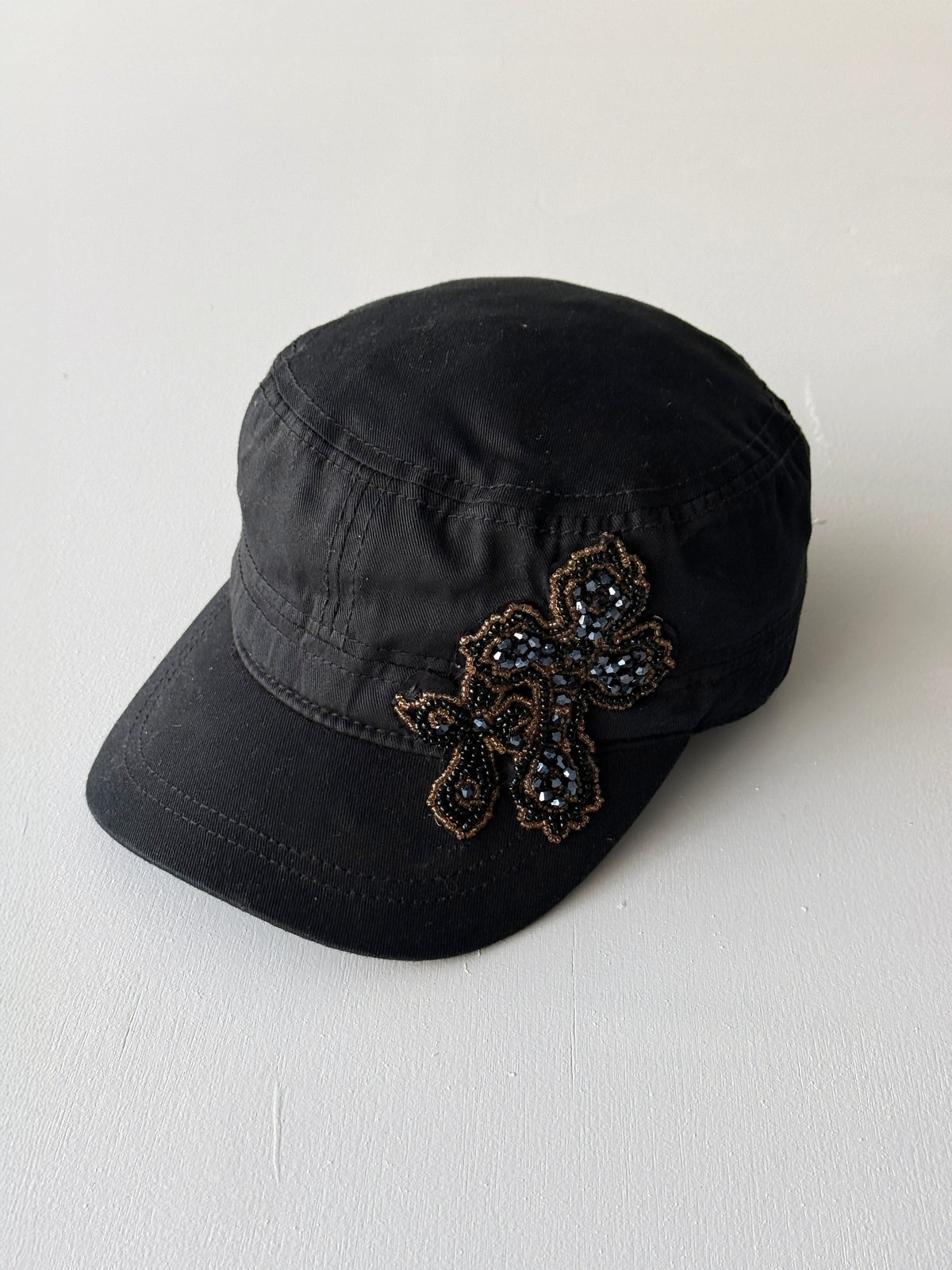 Vintage Black Studded Crucifix Y2K Cadet Cap Military Style 00s Grunge Aesthetic