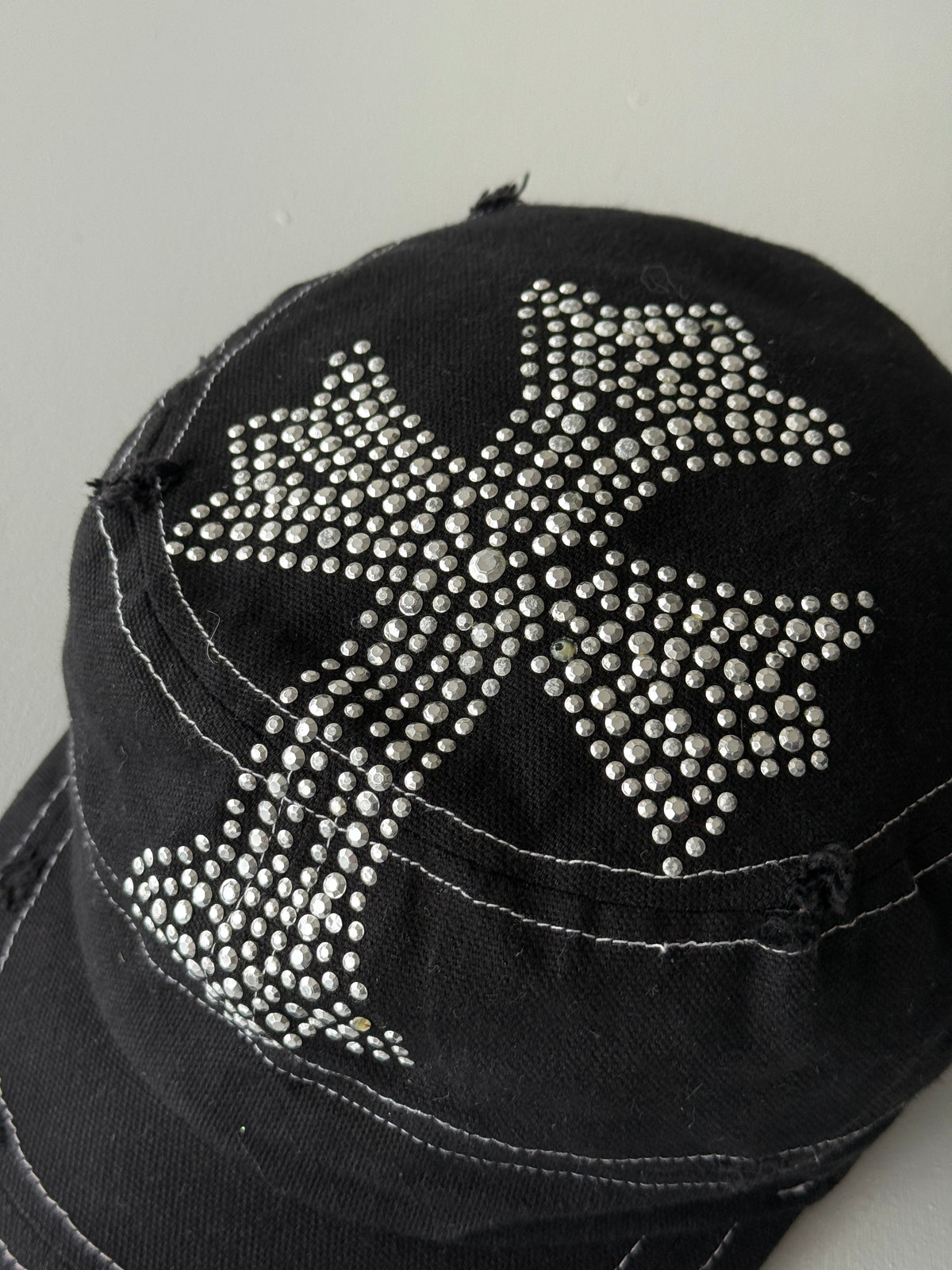 Black Studded Crucifix Y2K Cadet Cap Military Style 00's Grunge Aesthetic