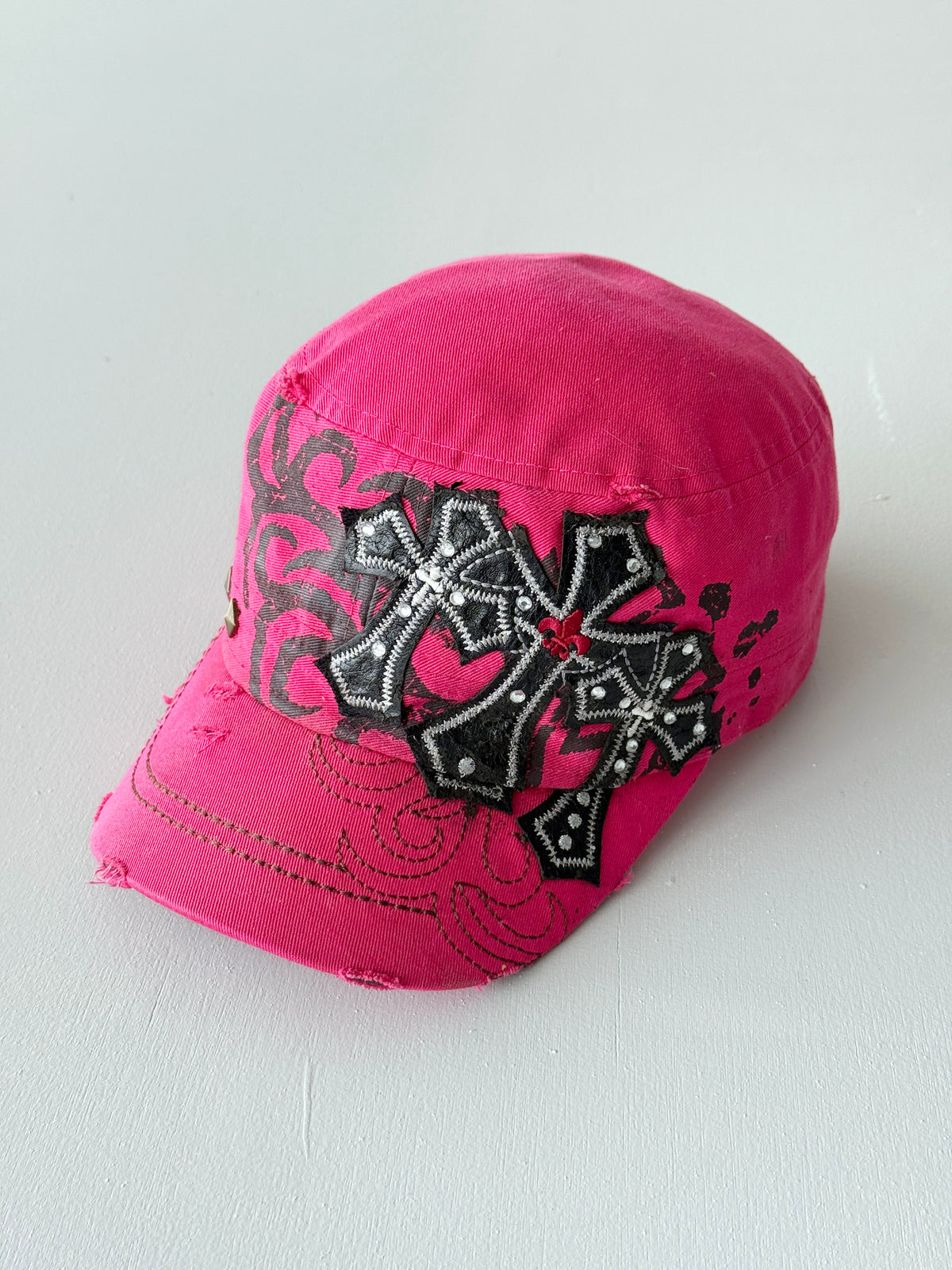Vintage Pink Crucifix Y2K Cadet Cap Military Style 00s Grunge Aesthetic
