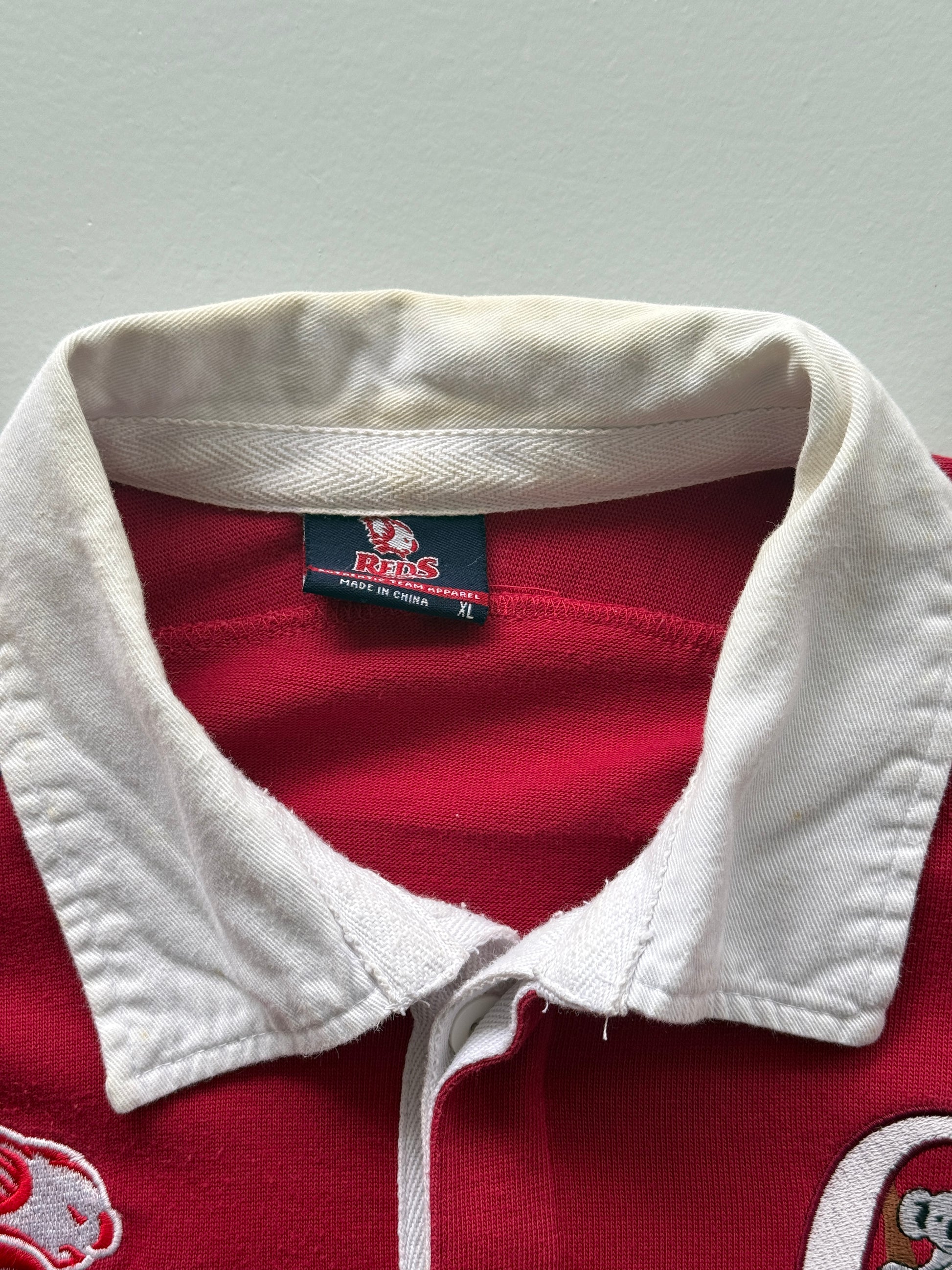 Red Queensland Reds 00's Vintage Short Sleeve Rugby Polo Jersey - Large