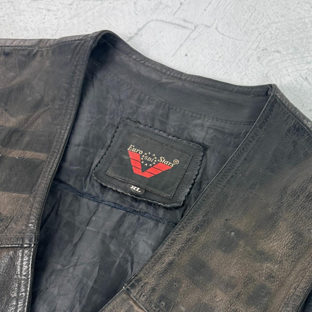 Black Leather 90s Vintage Biker Waistcoat - Medium