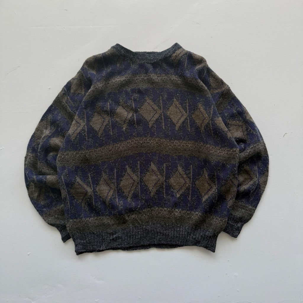 Navy Blue Patterned 90's Vintage Woollen Knit Jumper - XL