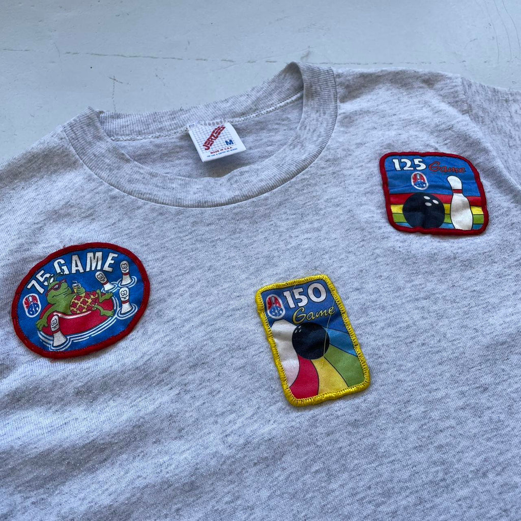 Grey Patchwork Bowling 80s/90s Americana Vintage T-shirt - Small