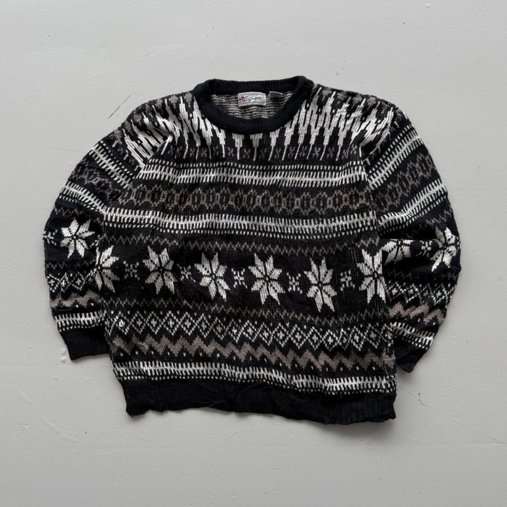Black Striped 90's Vintage Christmas Pattern Knit Jumper - Medium