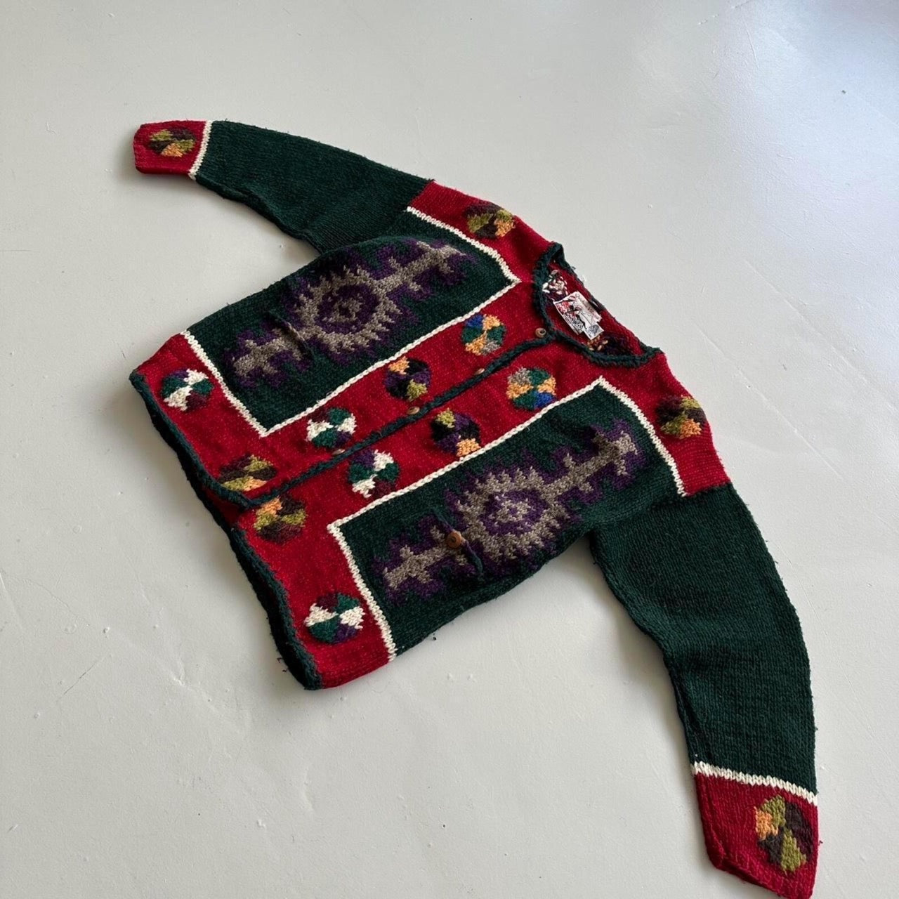 Multicoloured 80s Vintage Quichua Village Woollen Ecuadorian Cardigan - Large