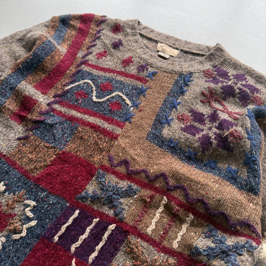Brown Woollen 90's Vintage Patchwork Pattern Knit Jumper - Mens Large - Womens 12