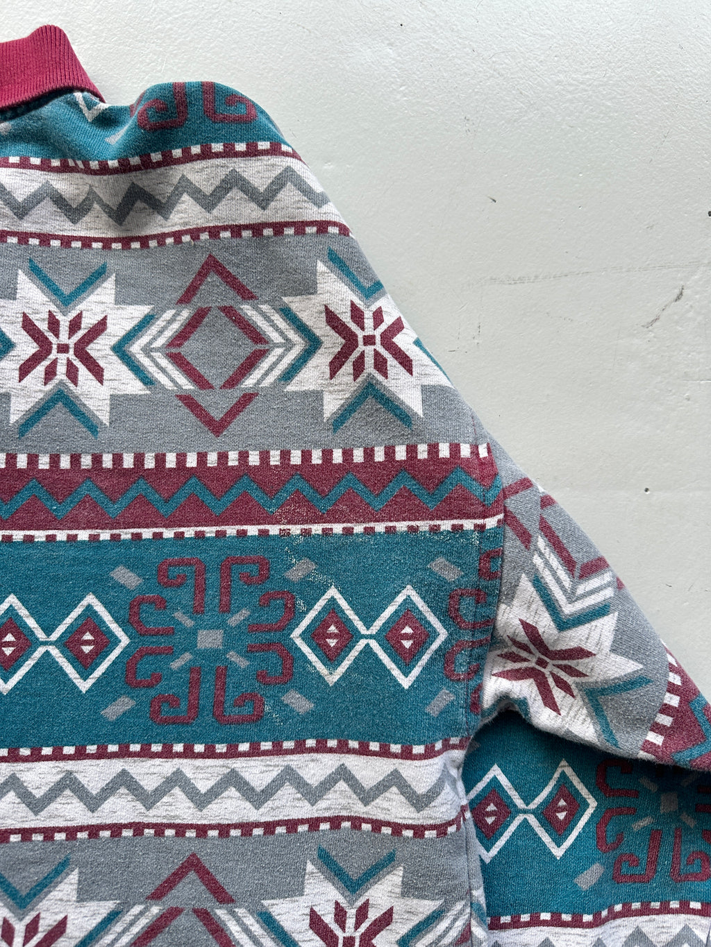Patterned 90's Quarter Button-Up Vintage Polo Sweatshirt - Small