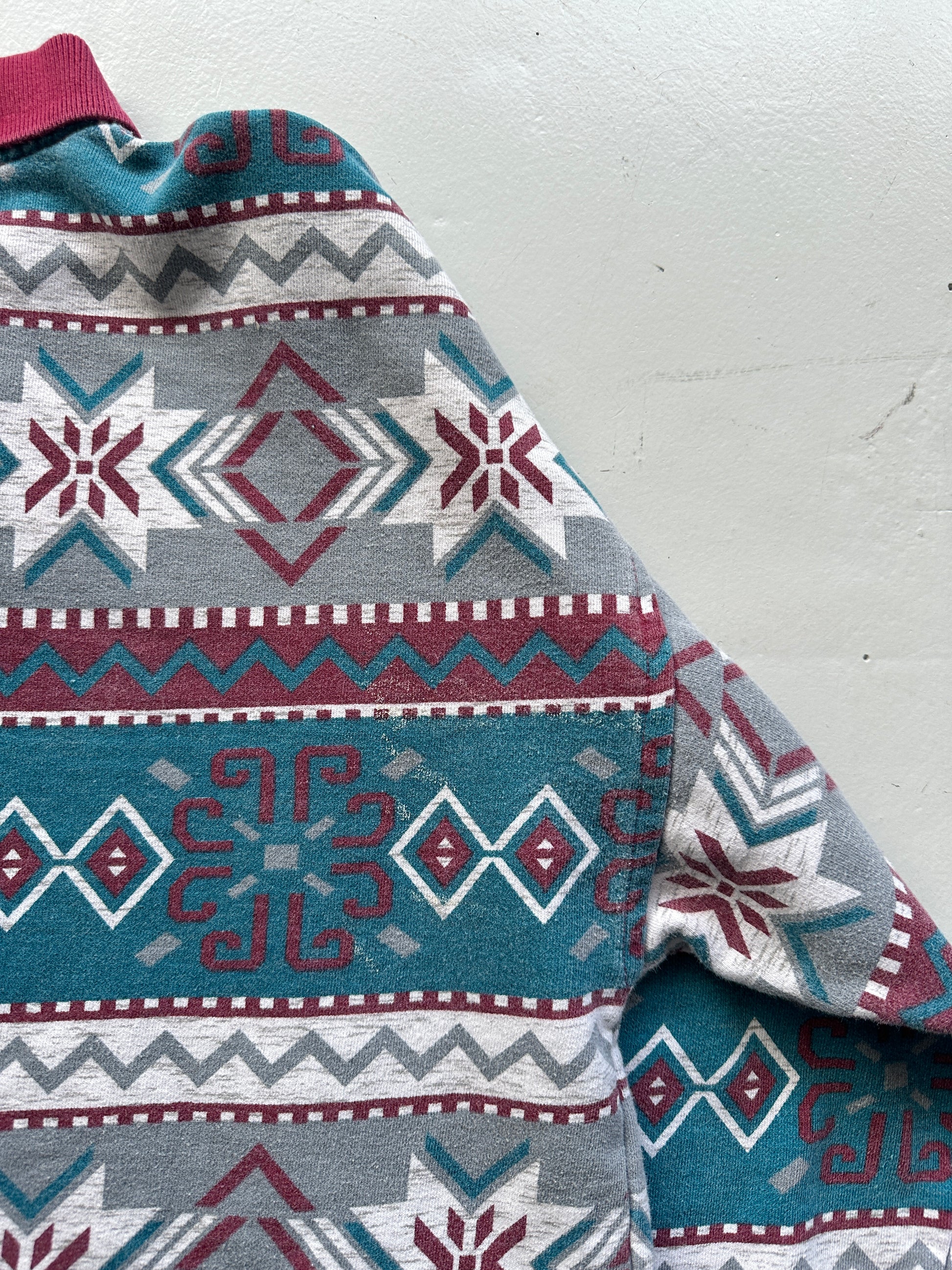 Patterned 90's Quarter Button-Up Vintage Polo Sweatshirt - Small