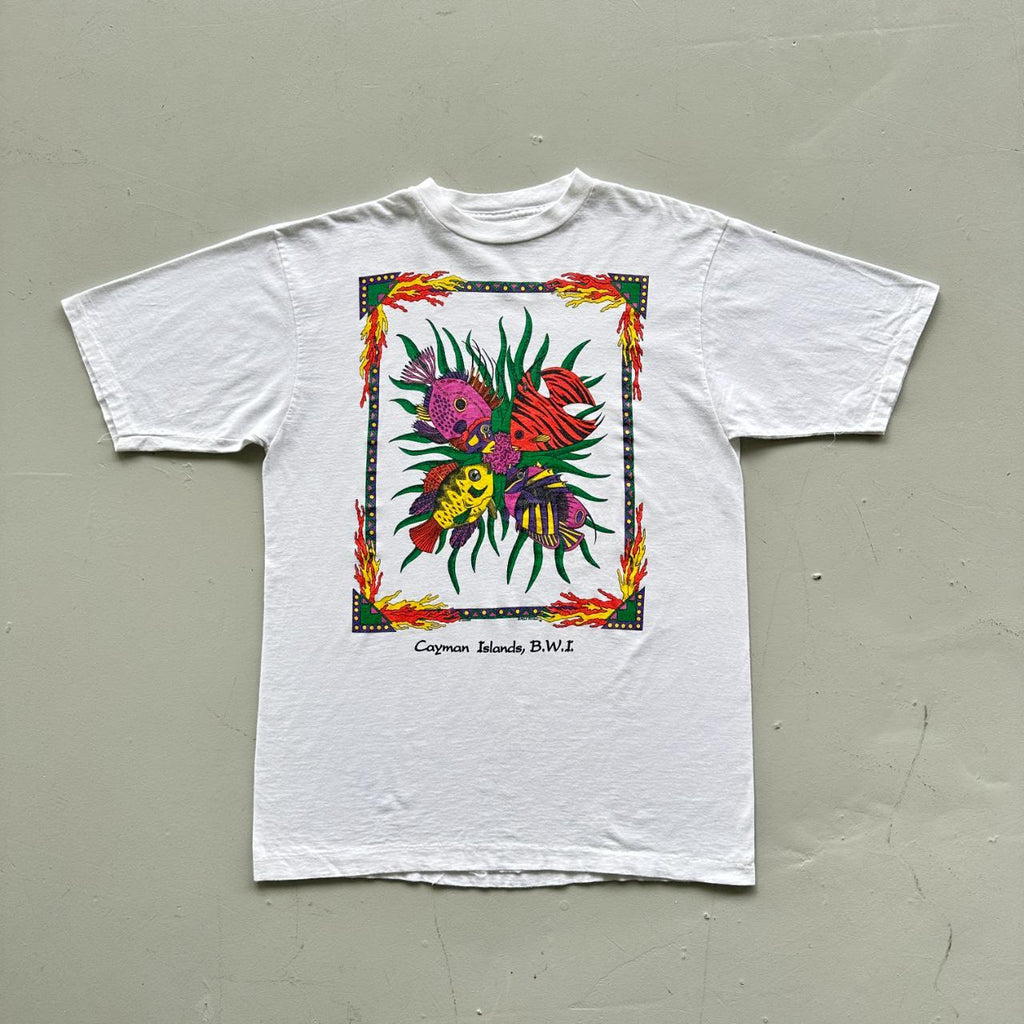 White Cayman Islands Fishes Vintage 90's T-shirt - Large