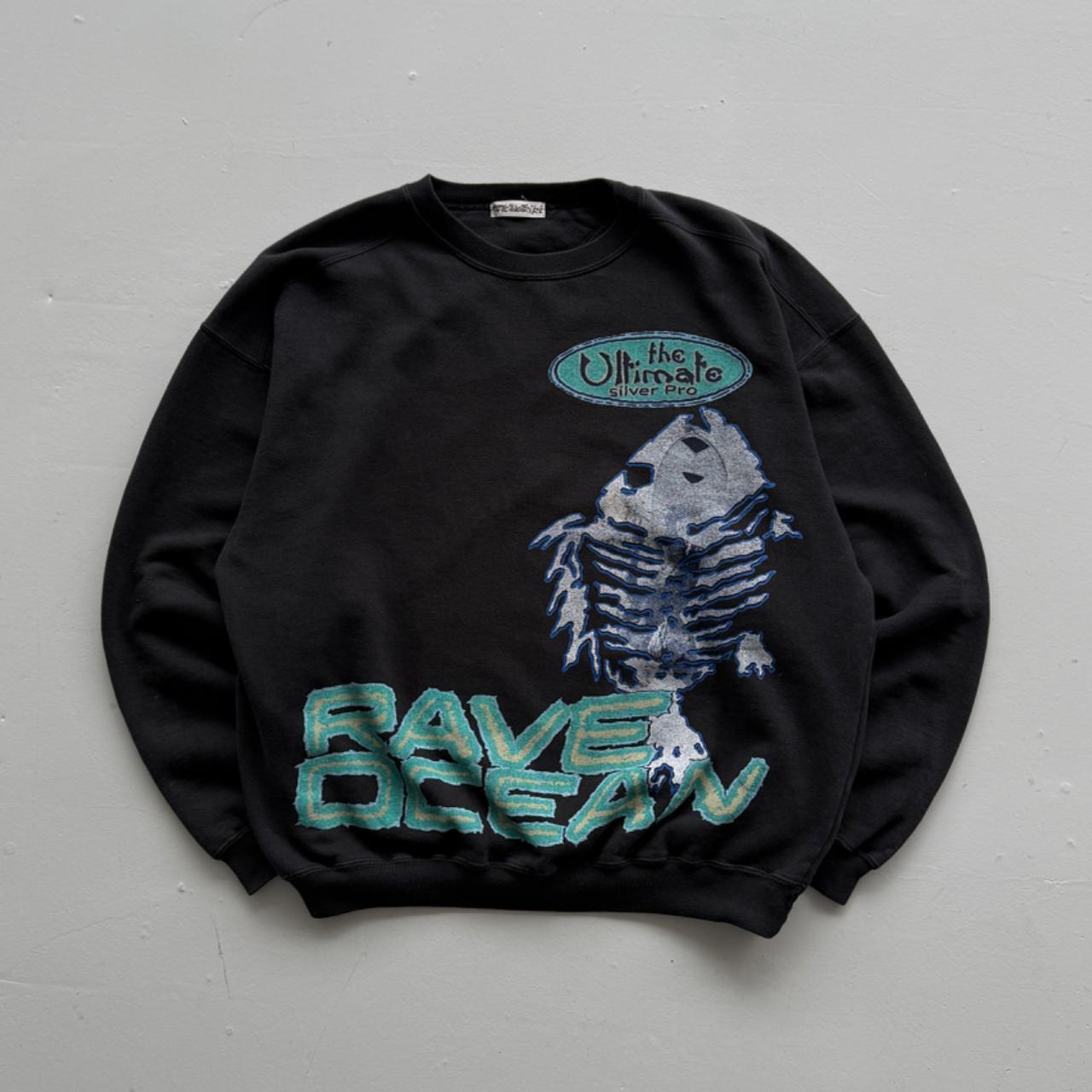 Faded Black Ocean Rave 90s Vintage Graphic Sweatshirt - XL