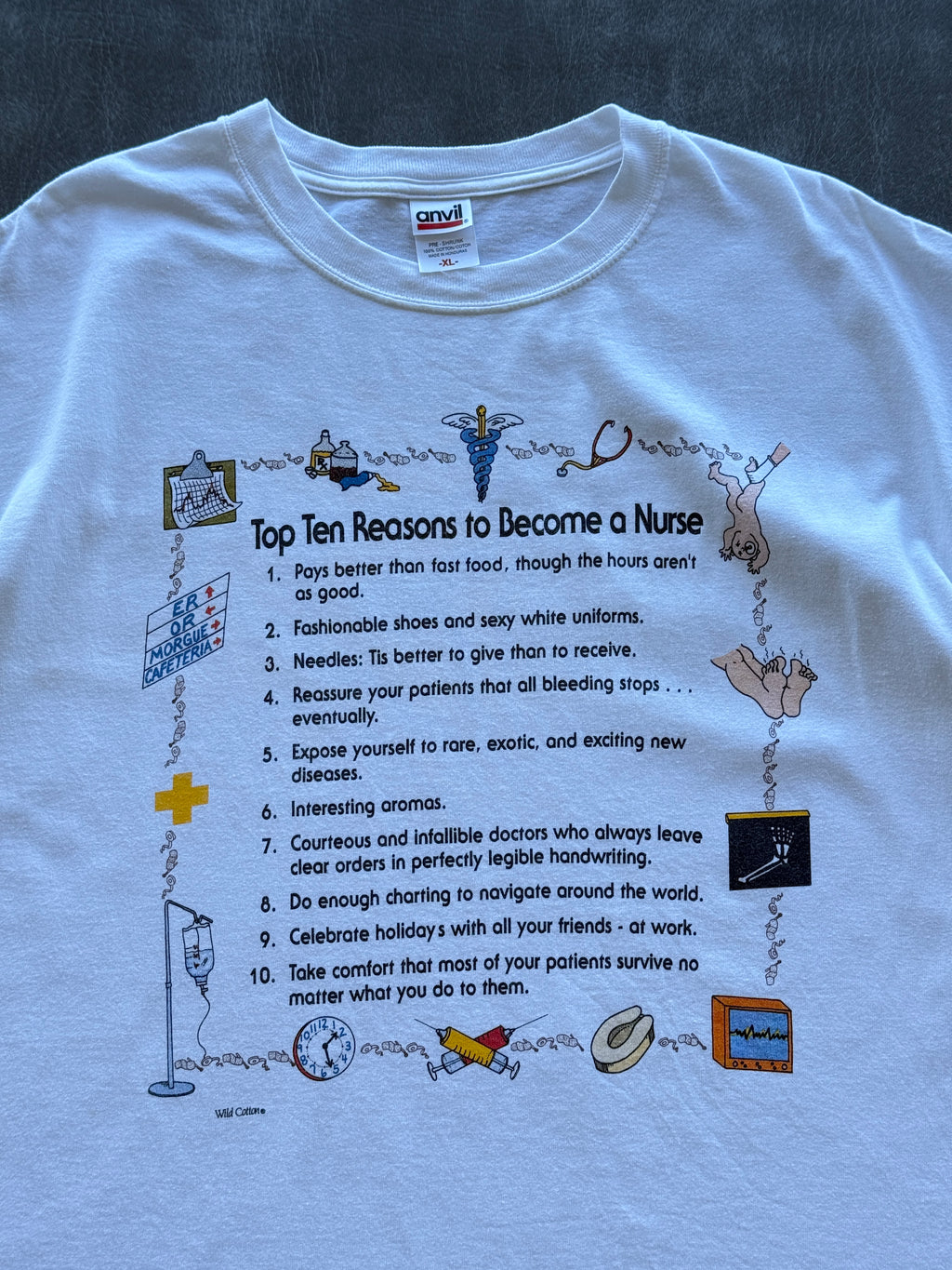 White Top Ten Reasons to Become a Nurse 90's Vintage Graphic T-Shirt - XL