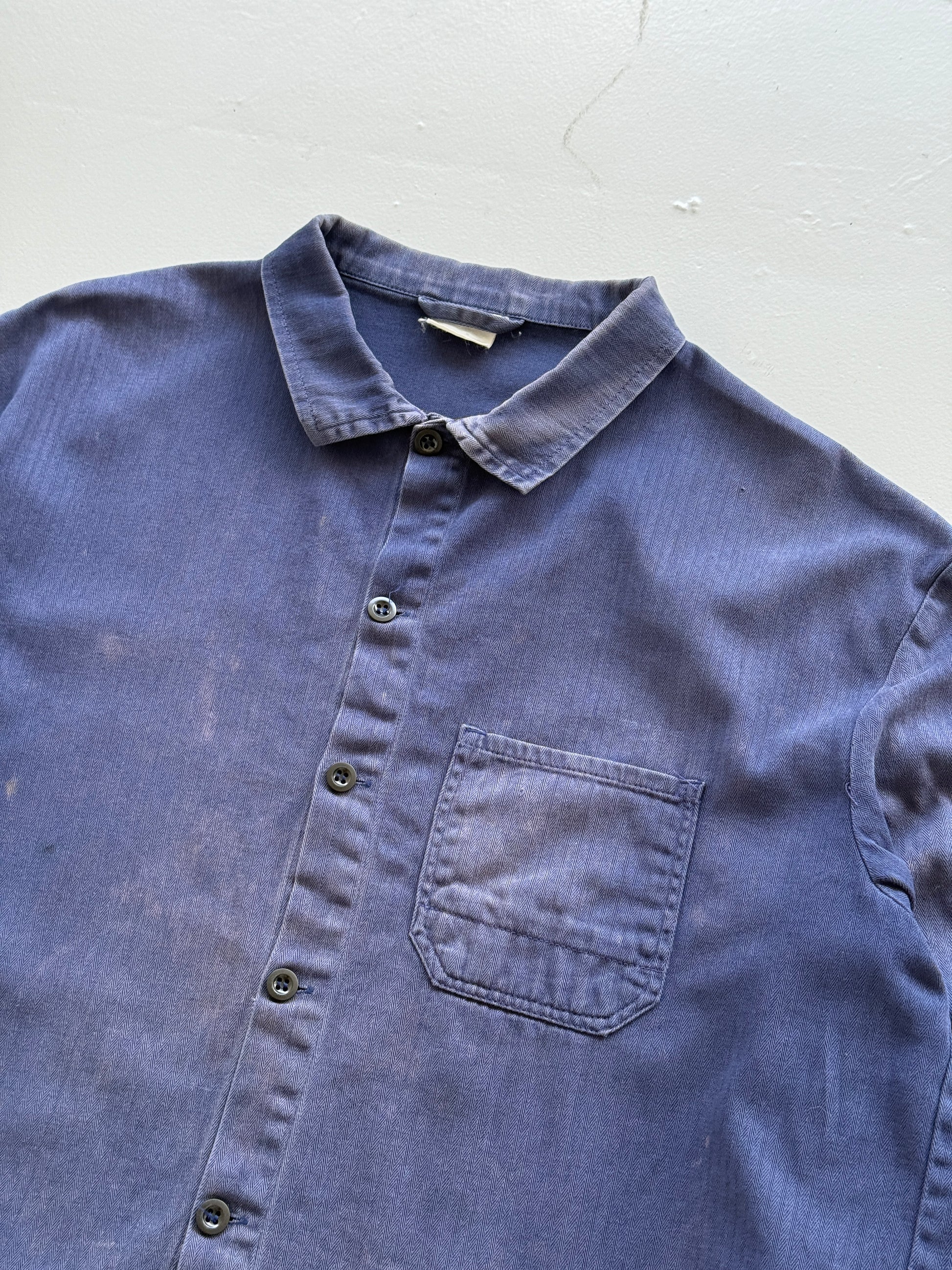 Thrashed Blue Herringbone French Vintage Workwear Chore Jacket CH363 - Large