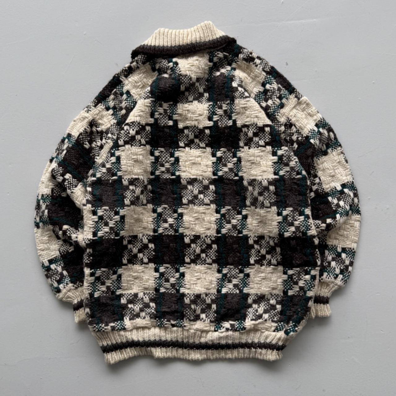 Cream Check Knitted 90s Vintage Knit Polo Sweatshirt - Large