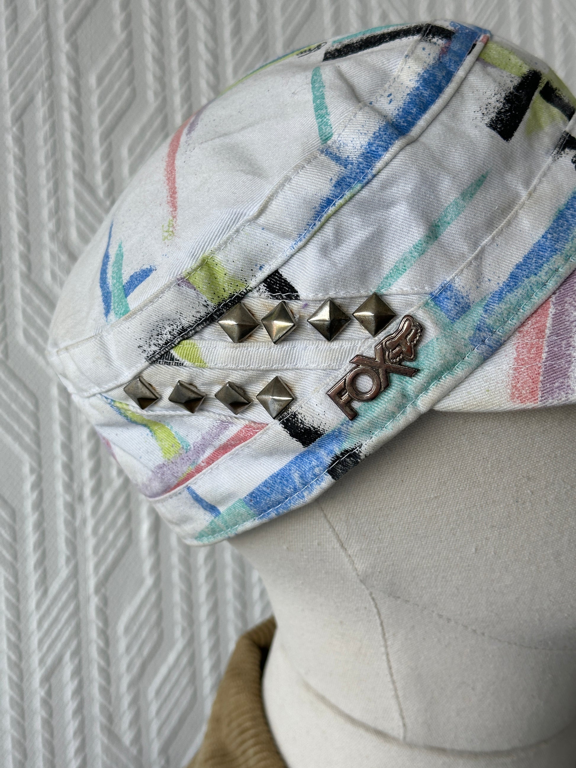 FOX White Studded Y2K Cadet Cap Military Style 00's Grunge Aesthetic