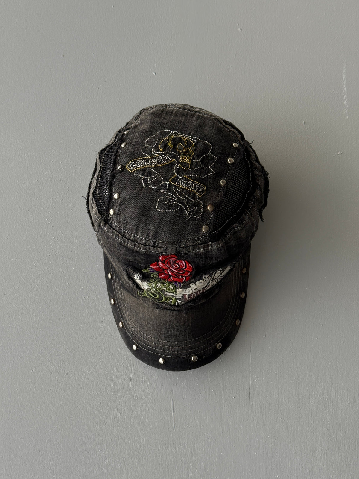 Grey Rose Studded Distressed Y2K Cadet Cap Military Style 00's Grunge Aesthetic