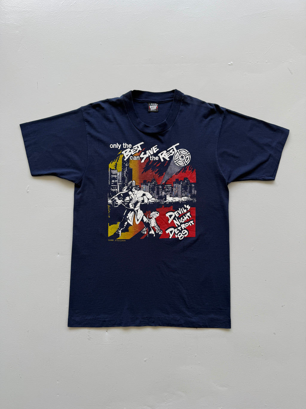 Navy Blue 80's Vintage Single Stitch Firefighter Graphic T-Shirt - Medium