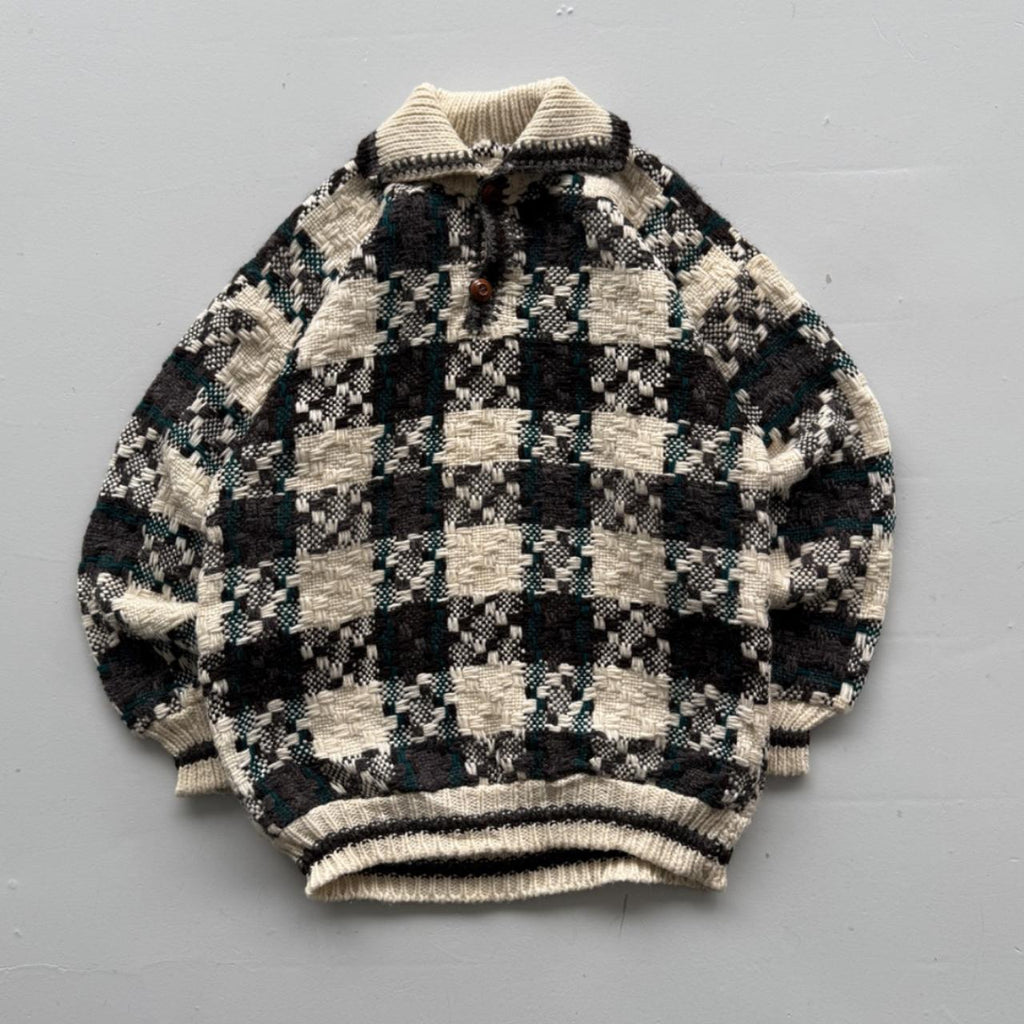 Cream Check Knitted 90s Vintage Knit Polo Sweatshirt - Large