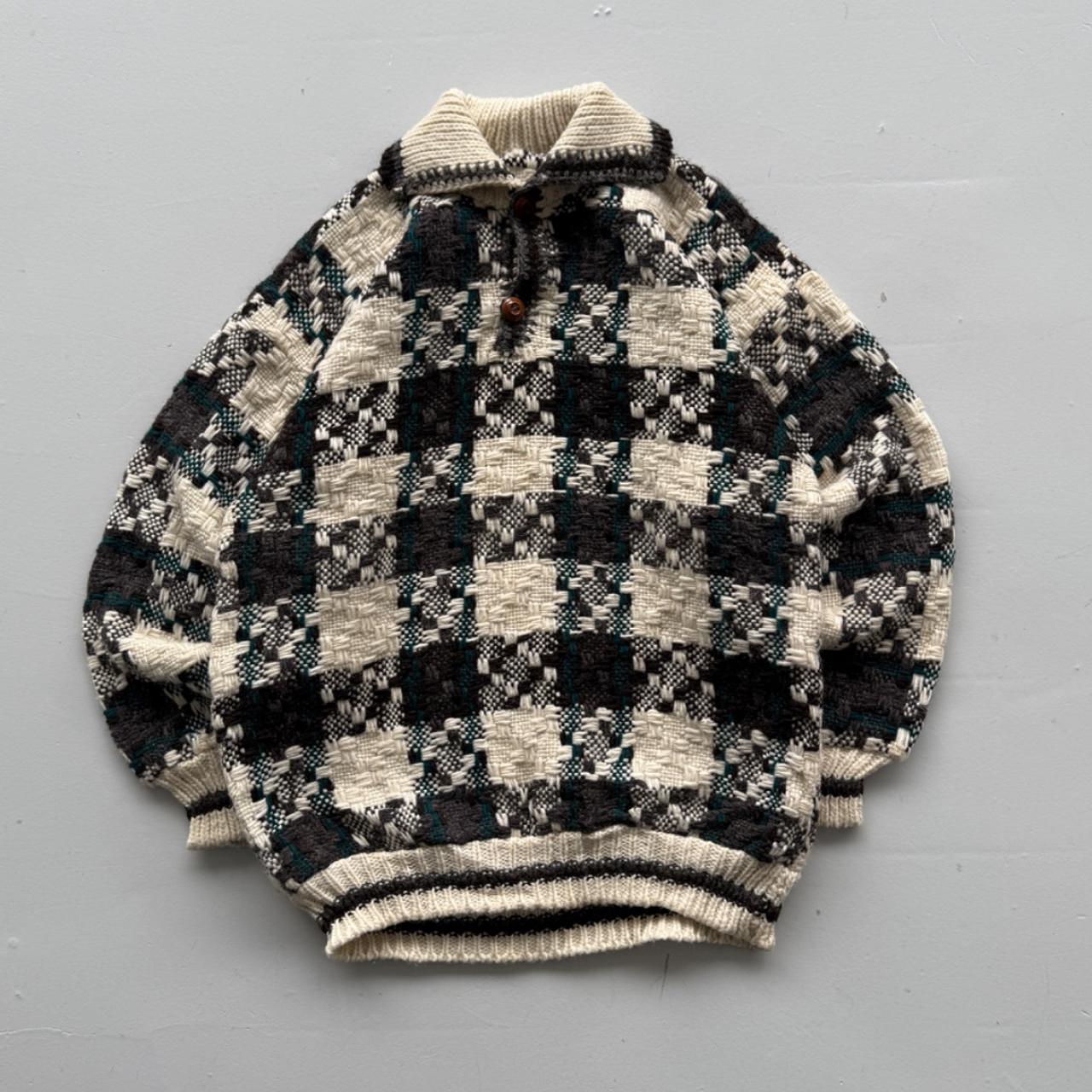 Cream Check Knitted 90s Vintage Knit Polo Sweatshirt - Large