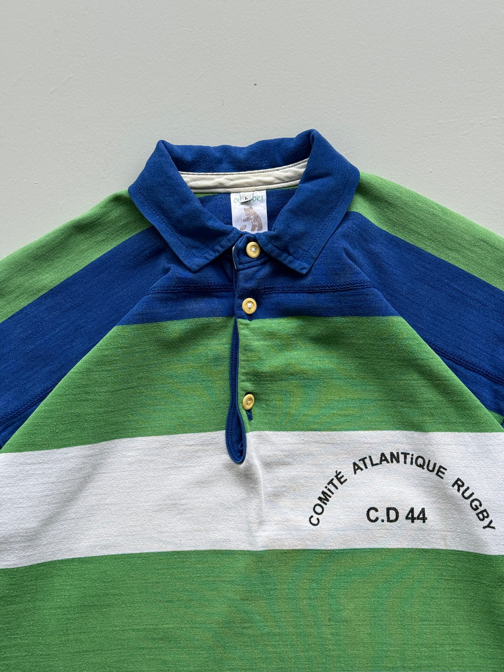 Green Striped French Rugby 90's Vintage Long Sleeve Polo Jersey - Large