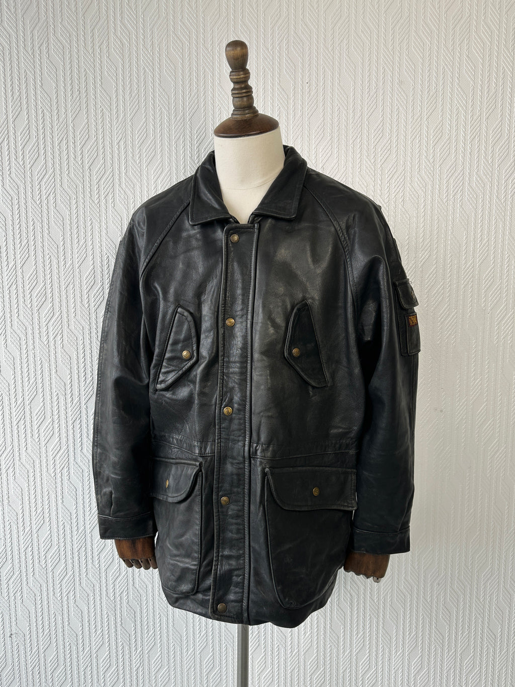 Black Vintage Redskins Leather Jacket 90's Army & Civil B32 - Large