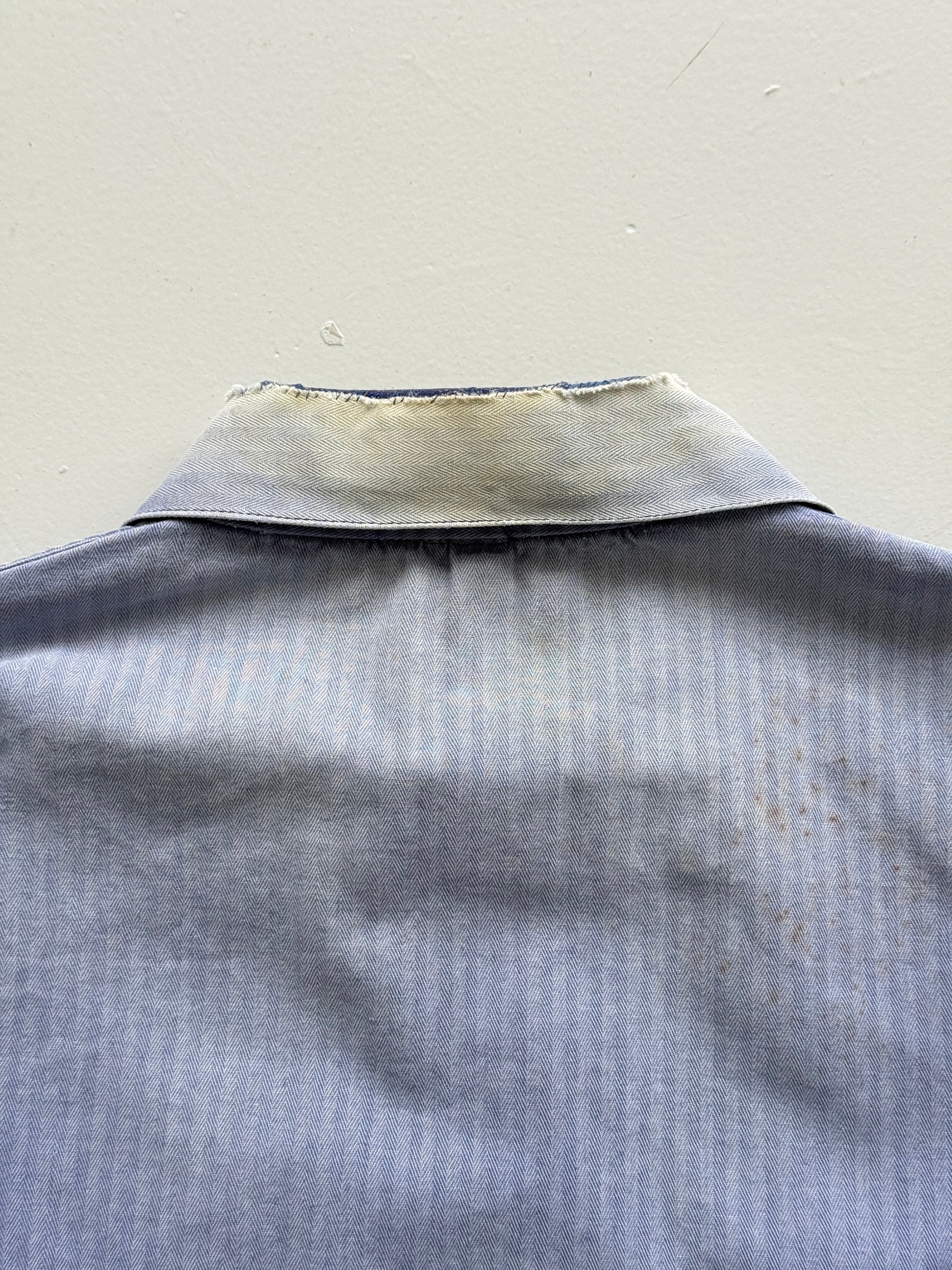 Thrashed Blue Herringbone 60's French Vintage Workwear Chore Jacket CH382 - Smal