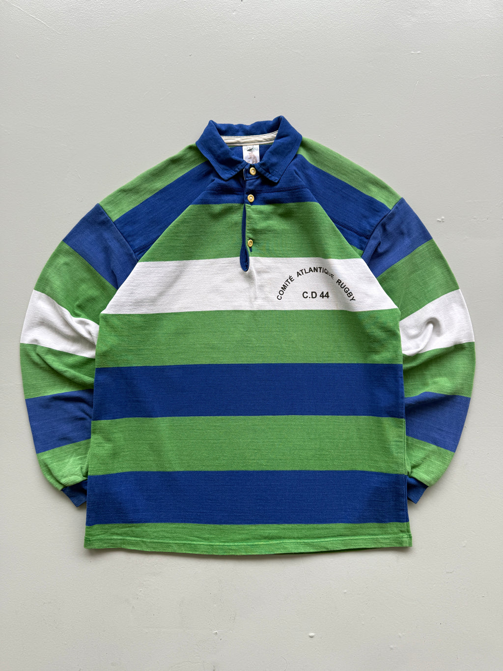 Green Striped French Rugby 90's Vintage Long Sleeve Polo Jersey - Large