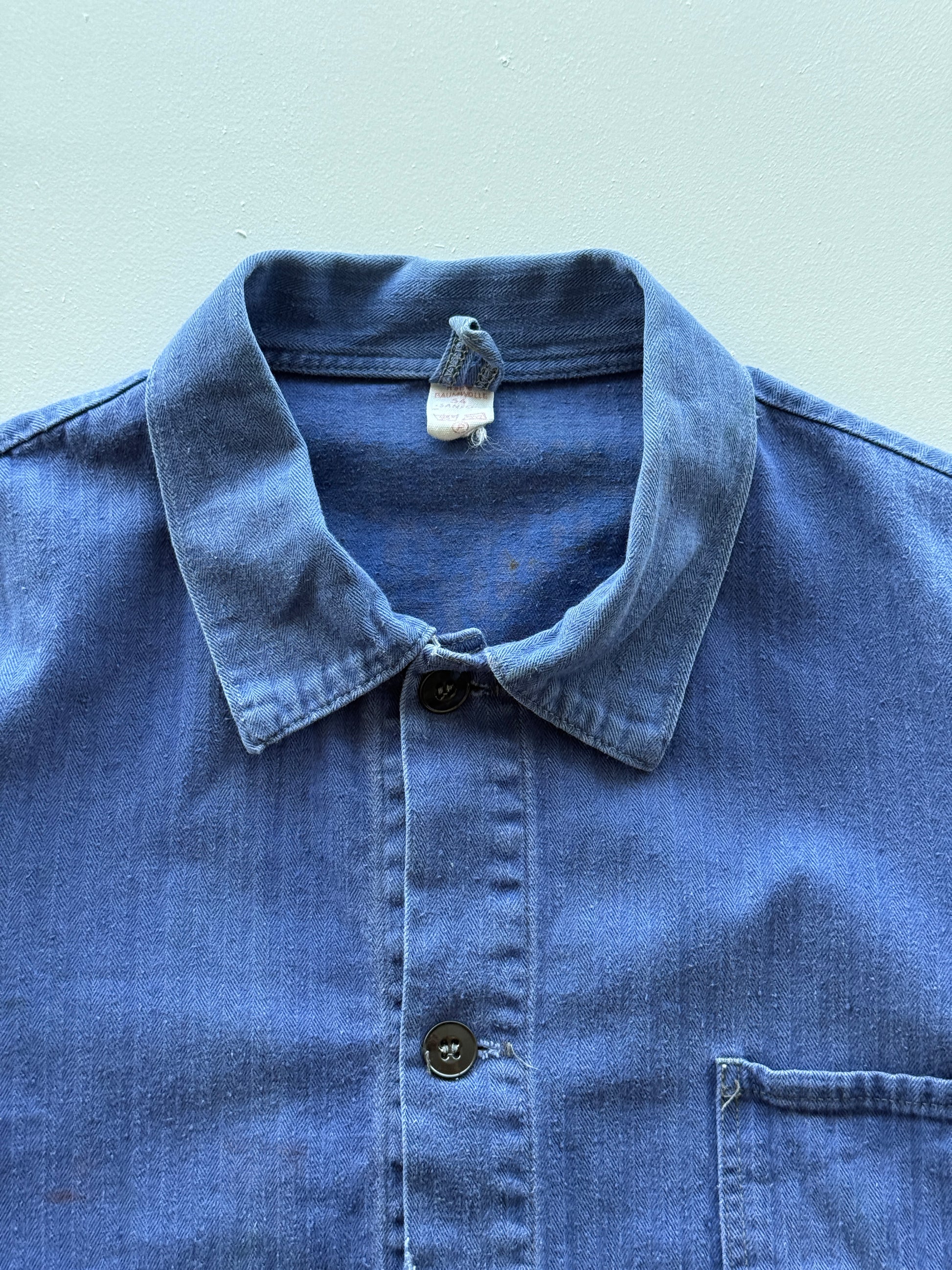 Blue French Chore Jacket 90's Vintage Herringbone Workwear CH309 - Medium
