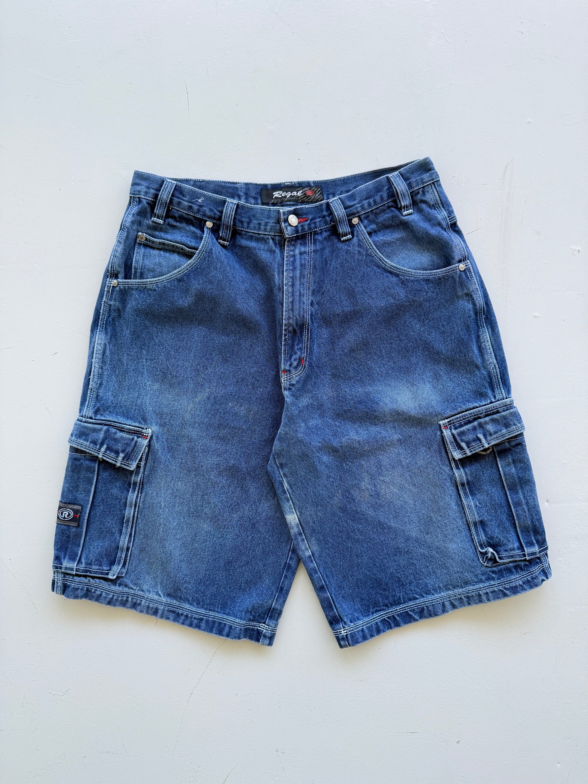 Mid Blue Regal 00's Vintage Y2K Baggy Hip Hop Denim Cargo Shorts - W36 x L12