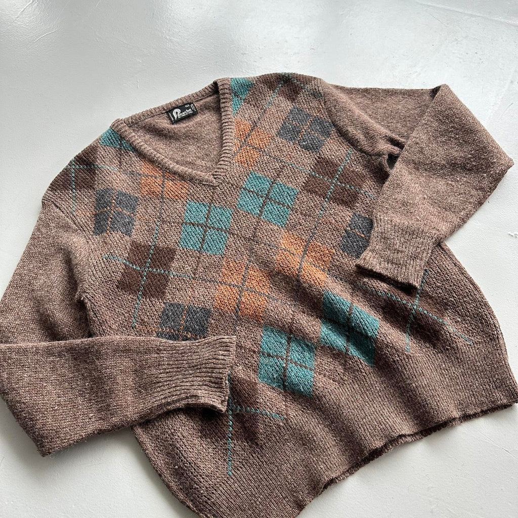 Brown Argyle Panache 90s Vintage Woollen Knit Jumper - Medium