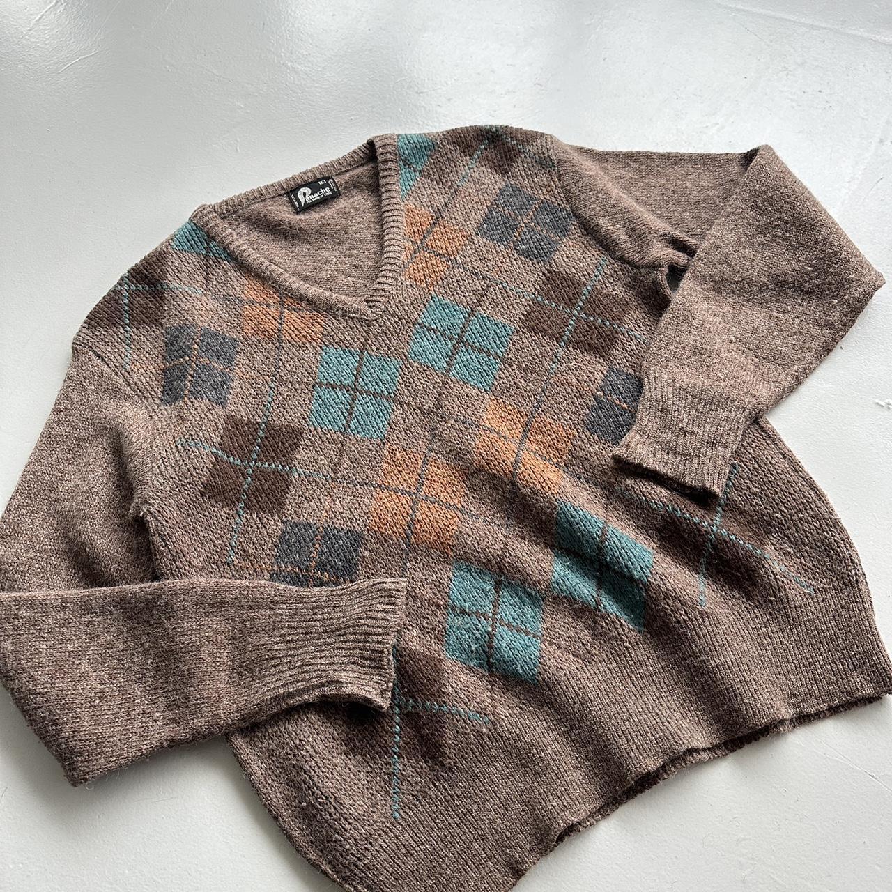 Brown Argyle Panache 90s Vintage Woollen Knit Jumper - Medium