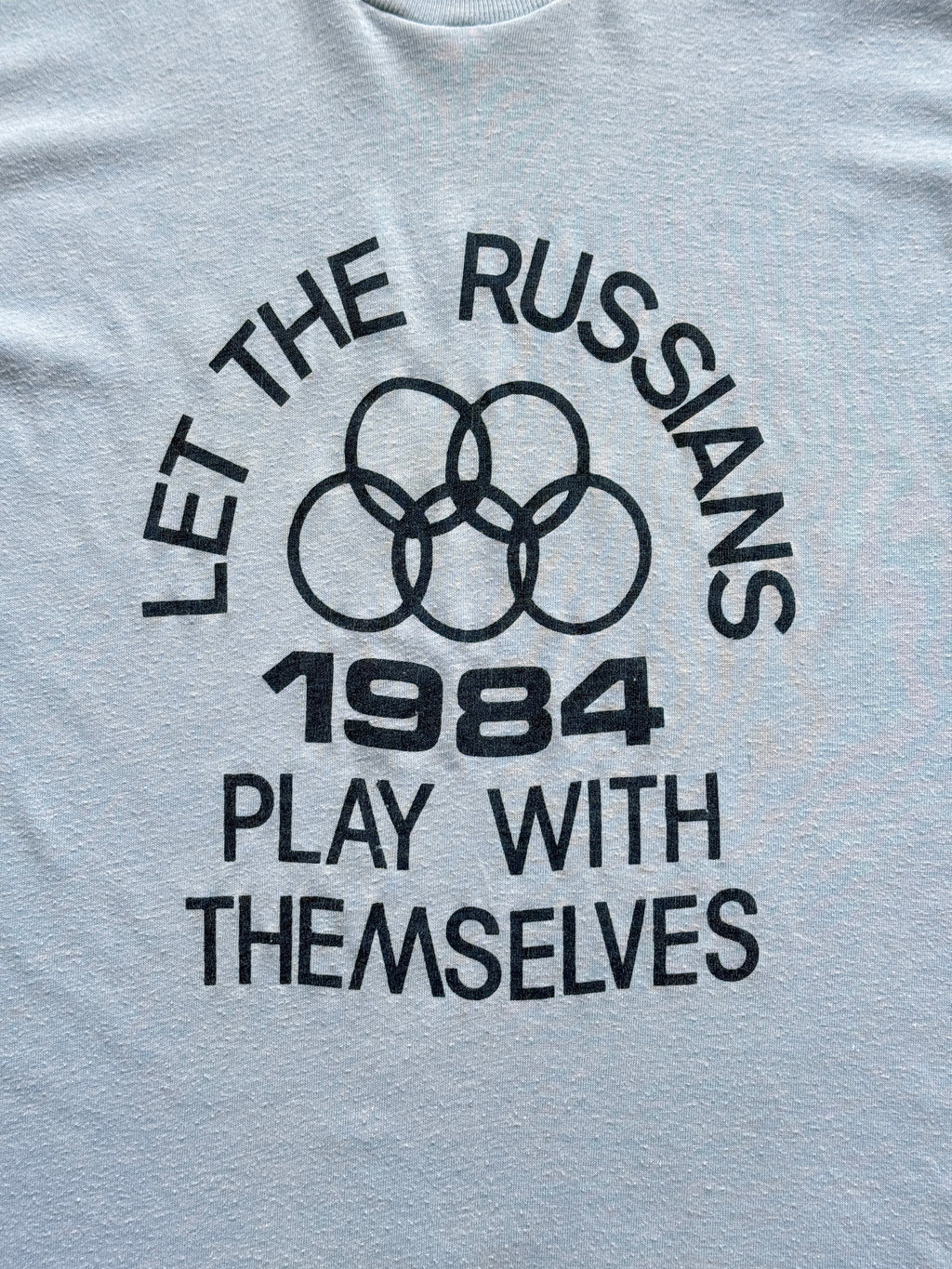 Light Blue Let The Russians 1984 Olympics 80's Vintage Cropped T-Shirt - Small