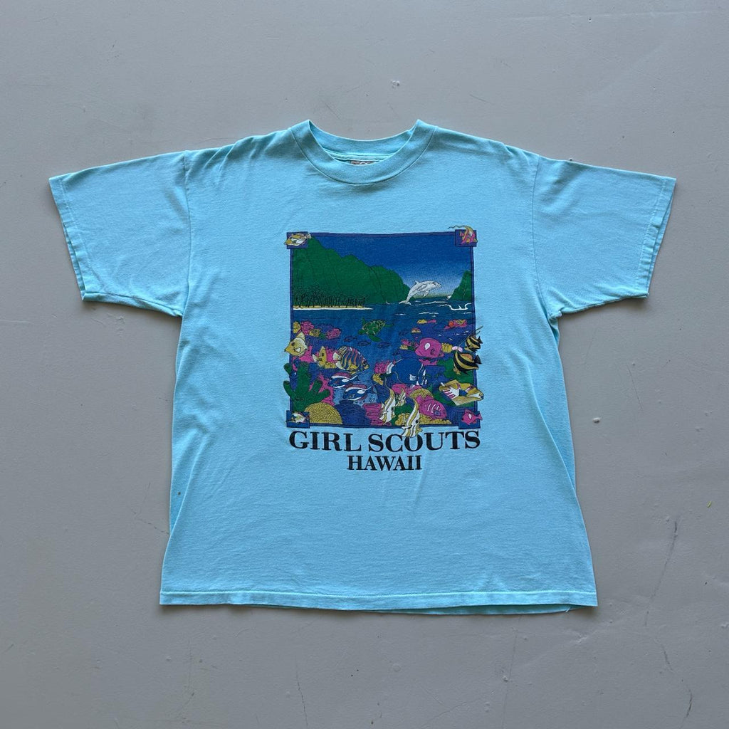 Aqua Blue Girl Scouts Hawaii 90s Vintage T-shirt - XL