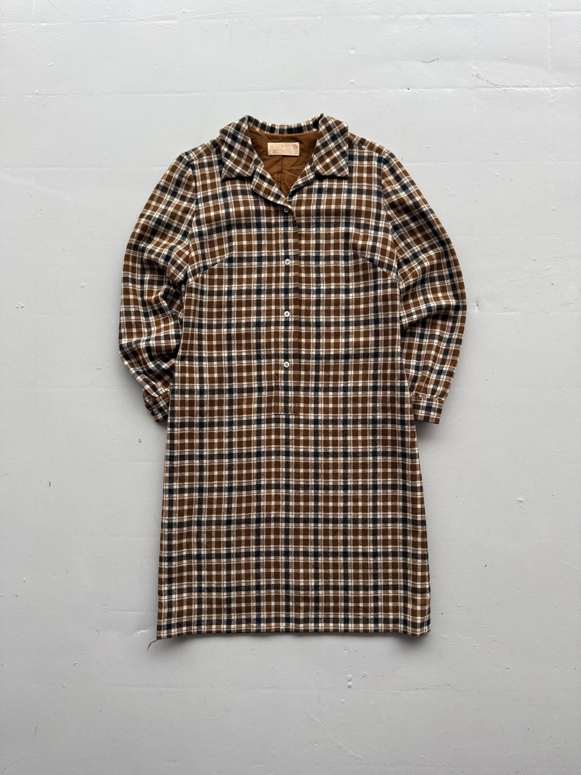 Brown Check Pendleton 80's Vintage Lined Wool Dress - UK 14