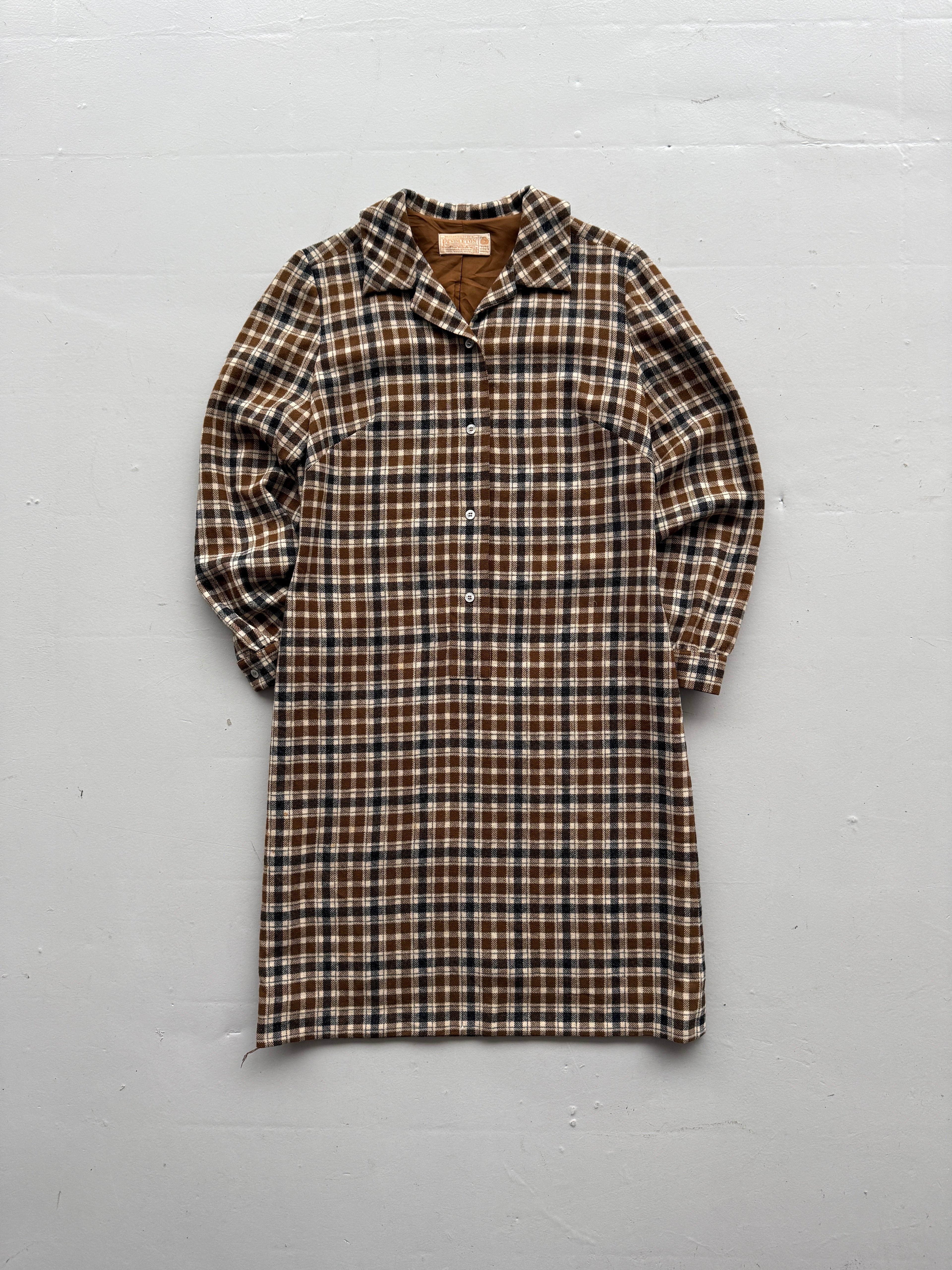 Brown Check Pendleton 80's Vintage Lined Wool Dress - UK 14